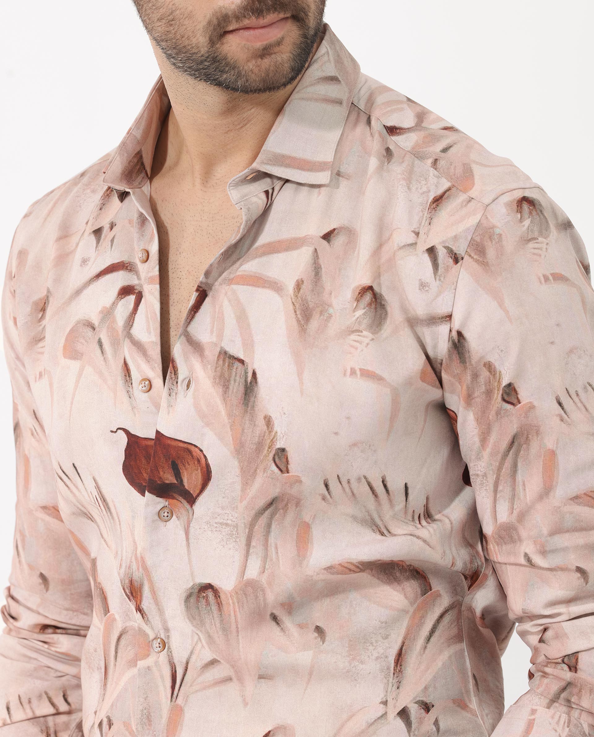 Rare Rabbit Men's Bowon-LS Light Brown Cotton Fabric Full Sleeves Tropical Print Shirt