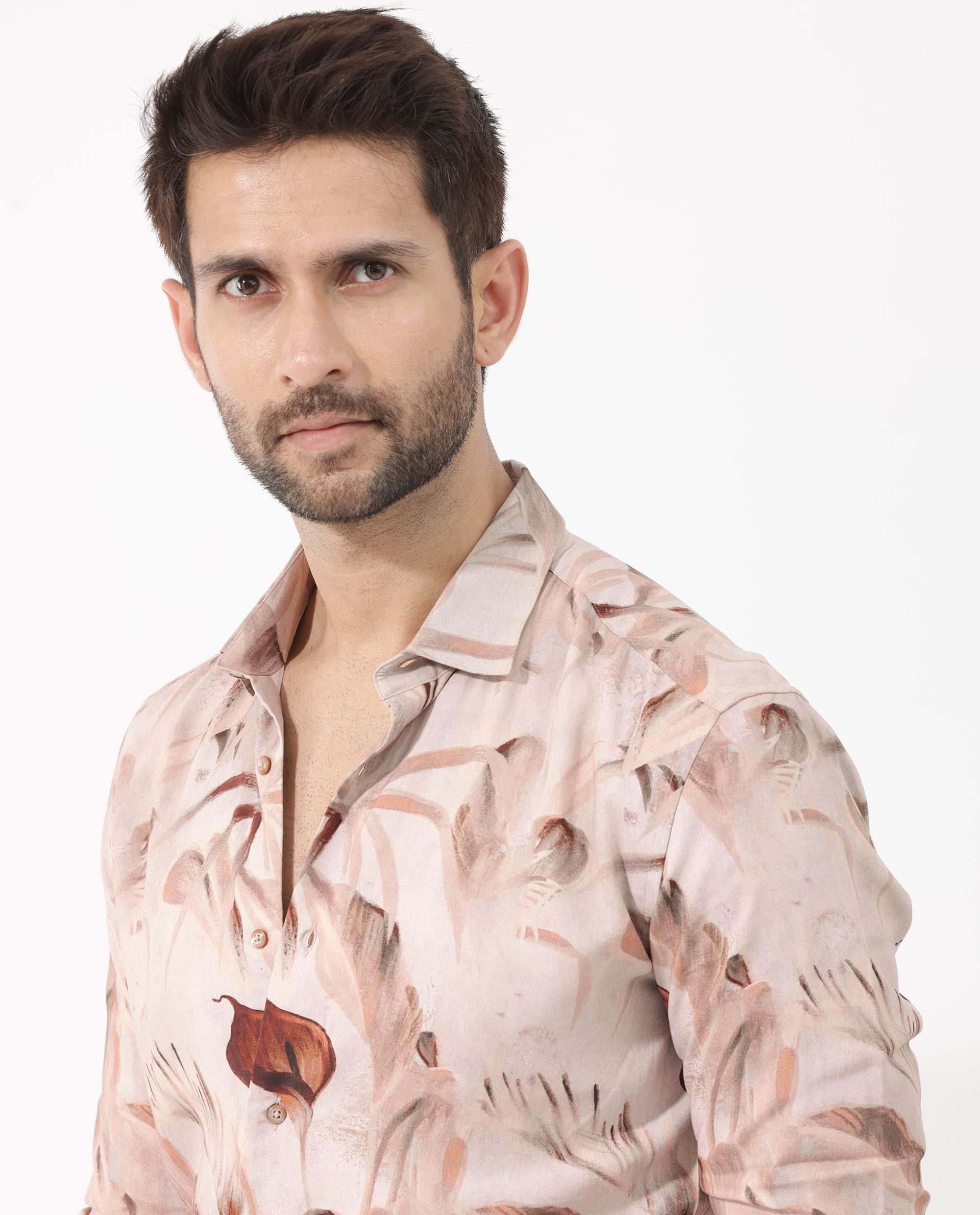 Rare Rabbit Men's Bowon-LS Light Brown Cotton Fabric Full Sleeves Tropical Print Shirt