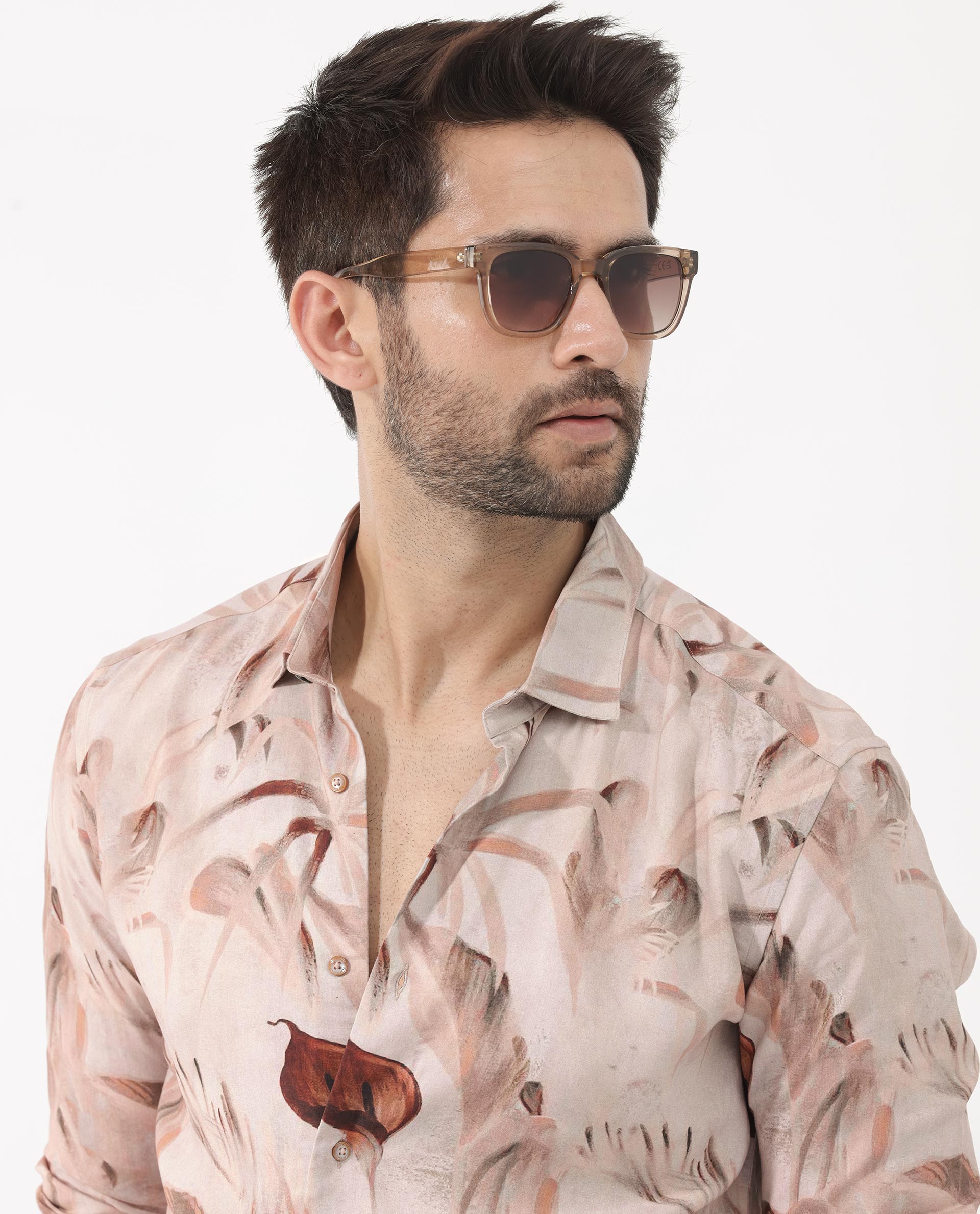 Rare Rabbit Men's Bowon-LS Light Brown Cotton Fabric Full Sleeves Tropical Print Shirt