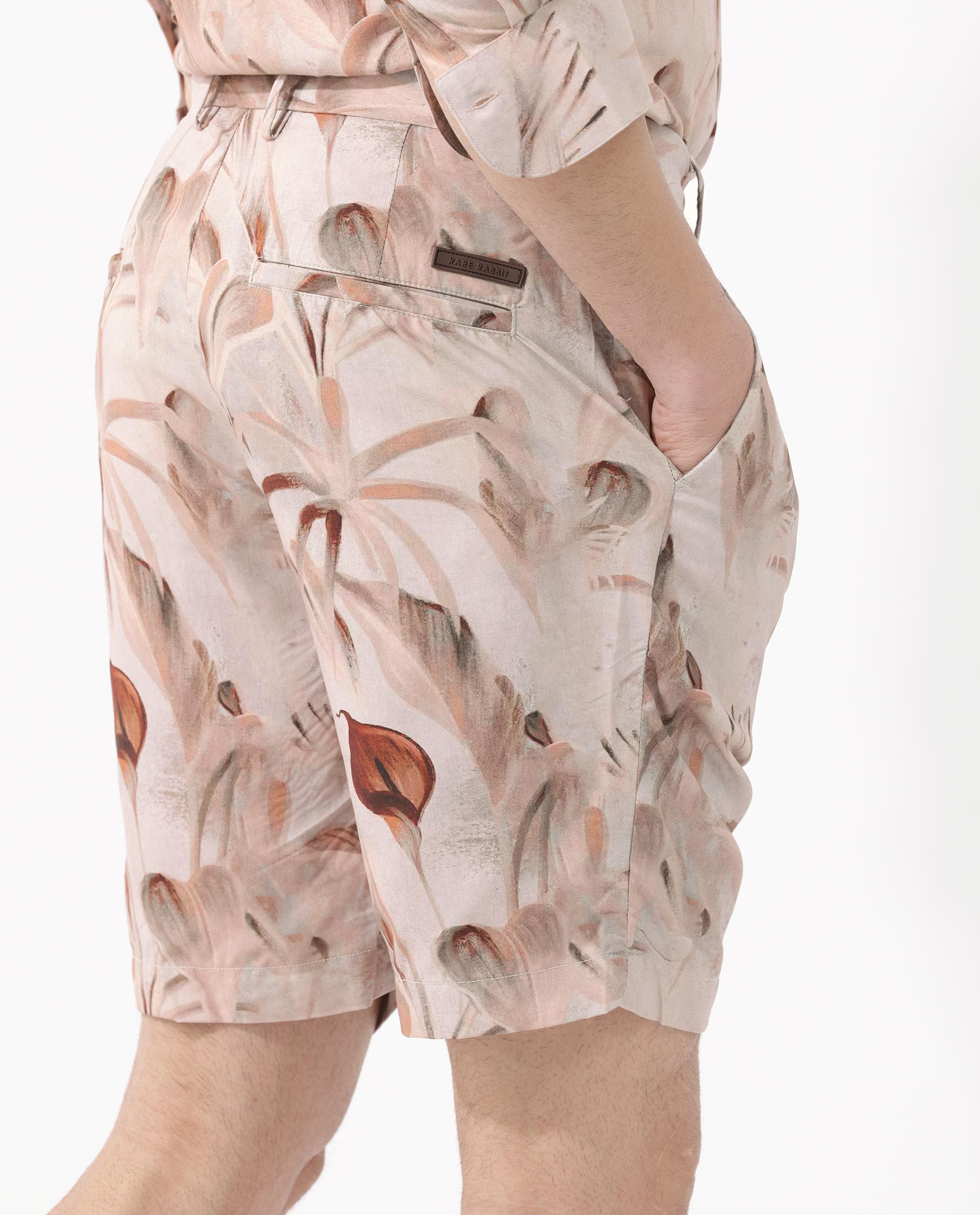 Rare Rabbit Men's Bower Brown Viscose Fabric Knee Length Tropical Print Shorts