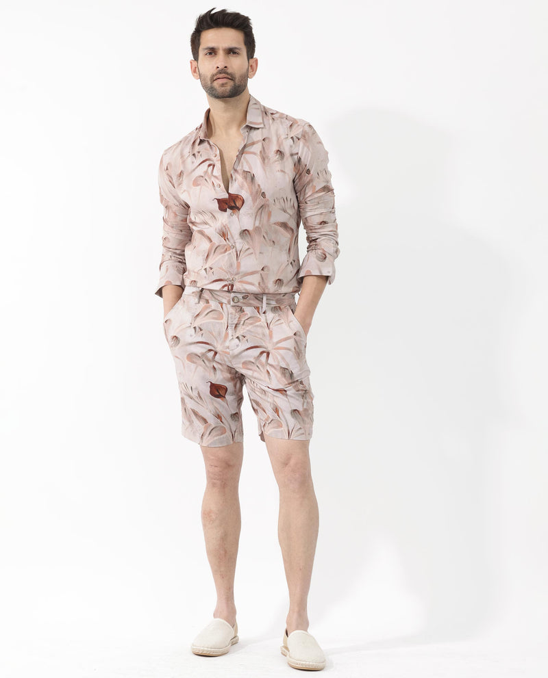 Rare Rabbit Men's Bower Brown Viscose Fabric Knee Length Tropical Print Shorts