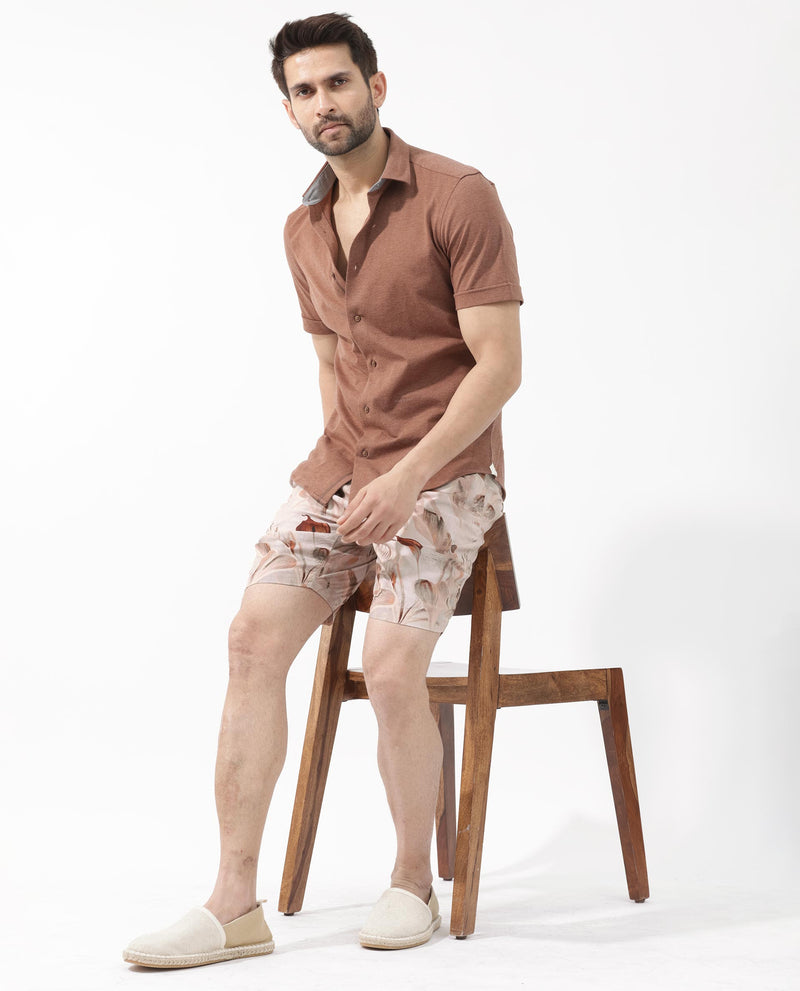 Rare Rabbit Men's Bower Brown Viscose Fabric Knee Length Tropical Print Shorts