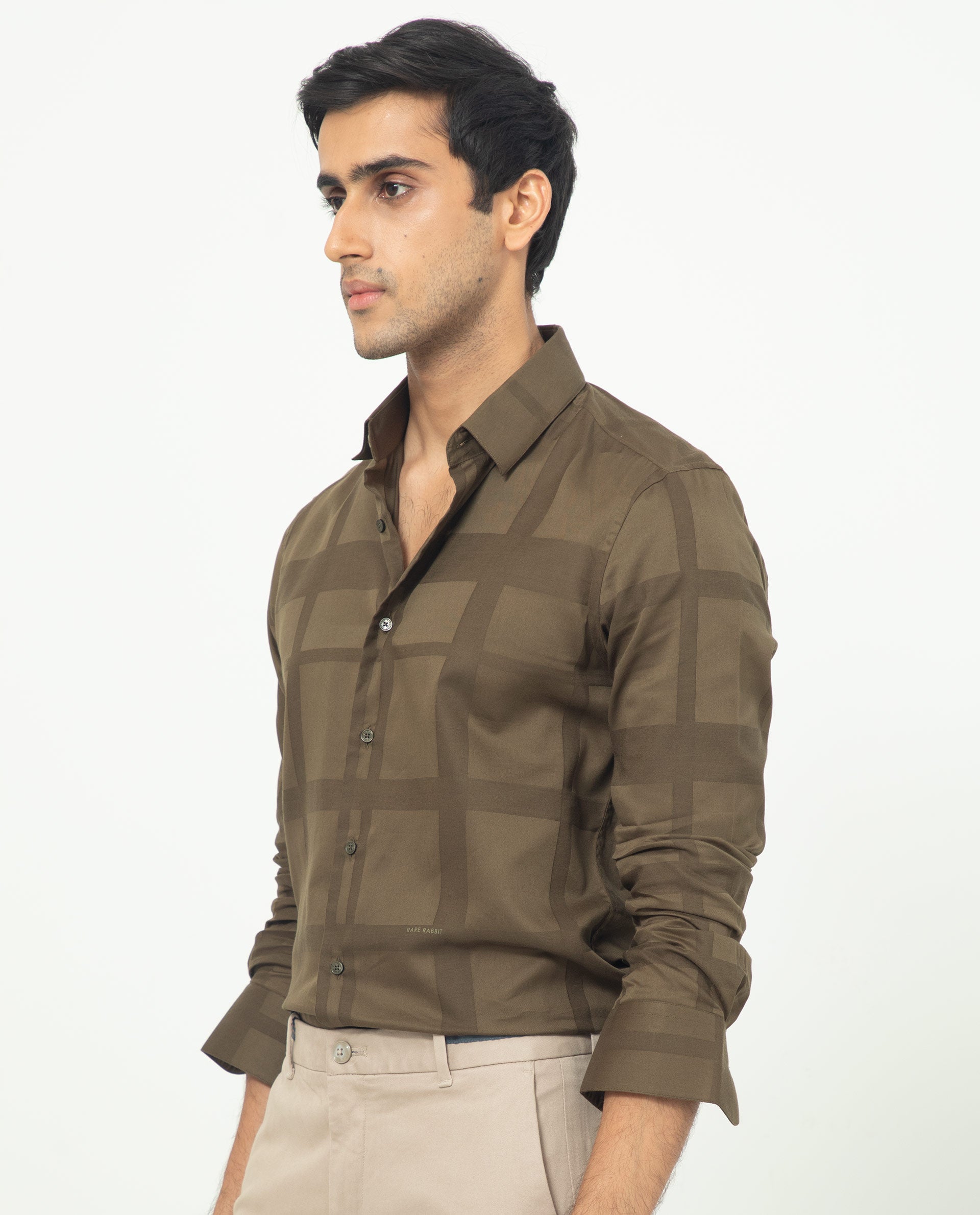 Rare Rabbit Men's Boxline Olive Cotton Lyocell Fabric Full Sleeves Checks Shirt