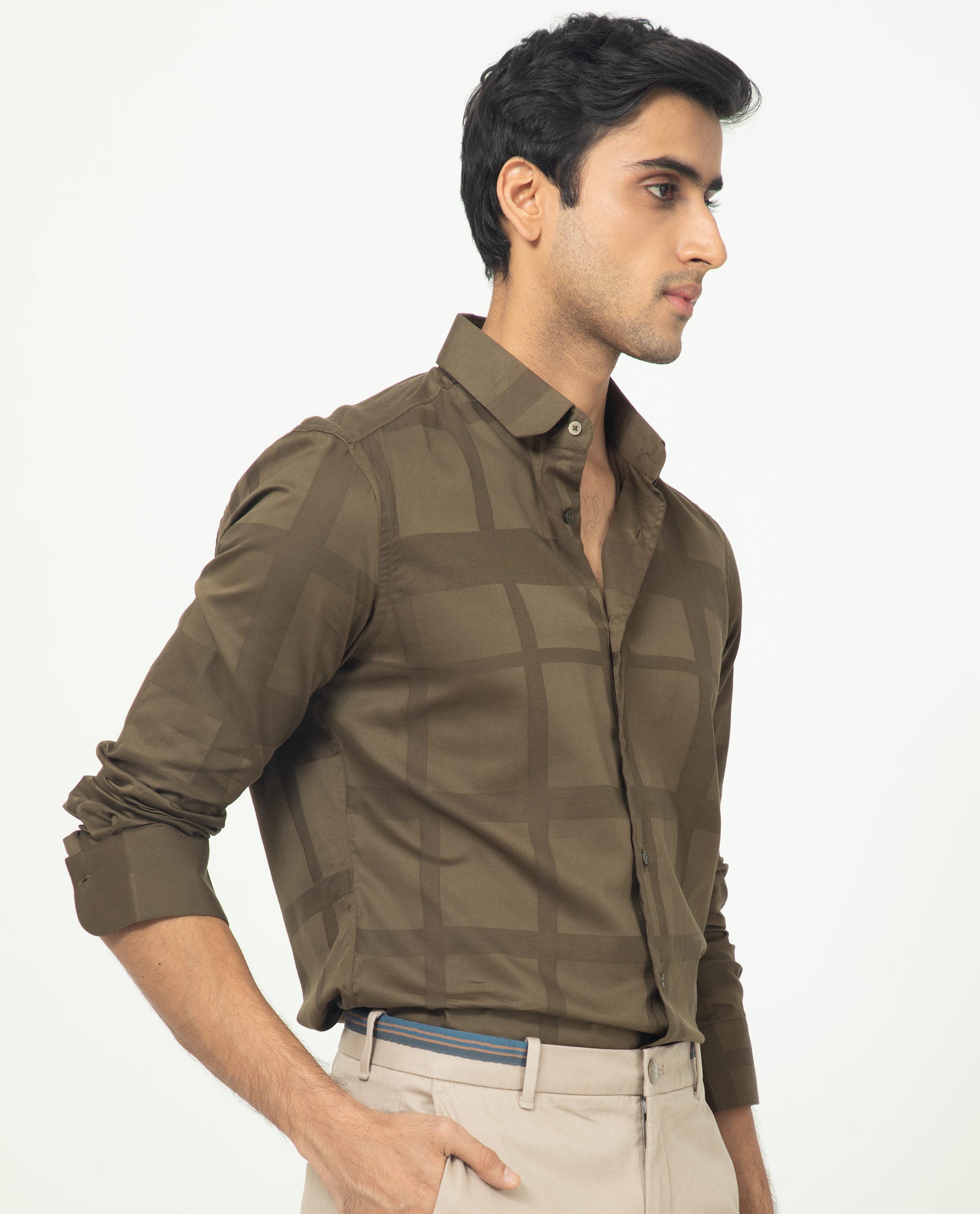 Rare Rabbit Men's Boxline Olive Cotton Lyocell Fabric Full Sleeves Checks Shirt