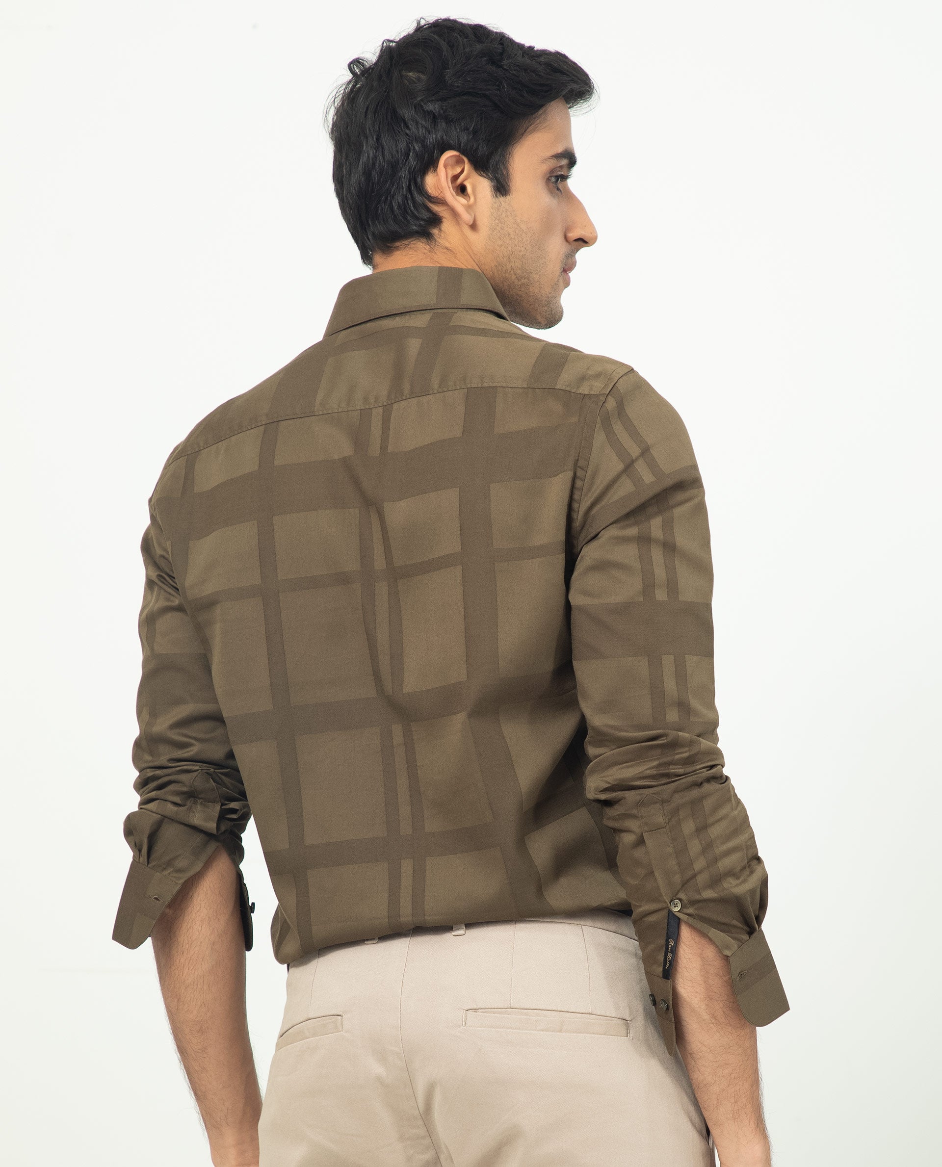 Rare Rabbit Men's Boxline Olive Cotton Lyocell Fabric Full Sleeves Checks Shirt