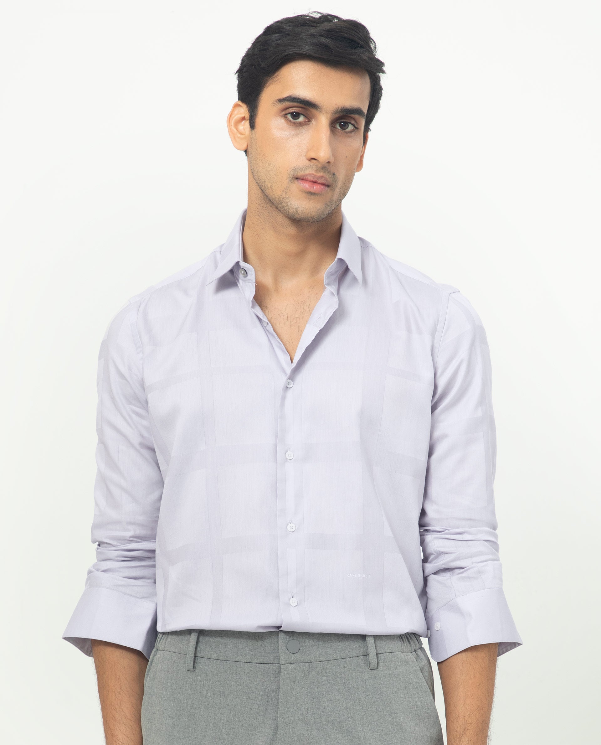 Rare Rabbit Men's Boxline Pastel Purple Cotton Lyocell Fabric Full Sleeves Checks Shirt