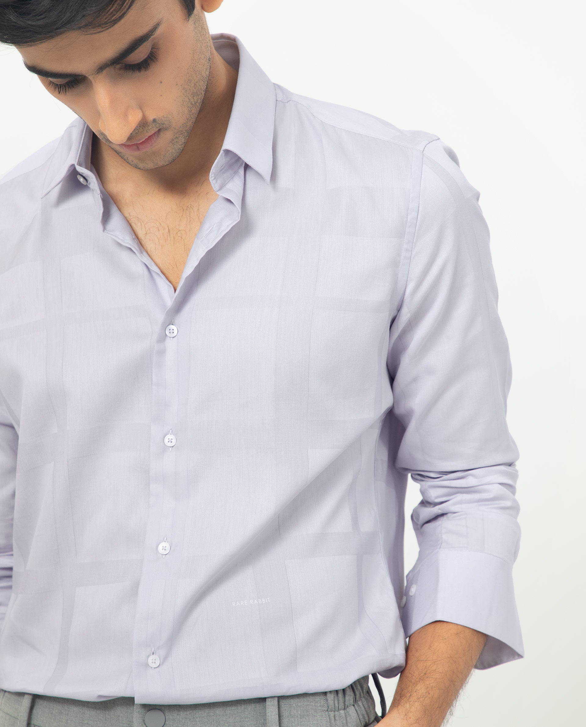 Rare Rabbit Men's Boxline Pastel Purple Cotton Lyocell Fabric Full Sleeves Checks Shirt