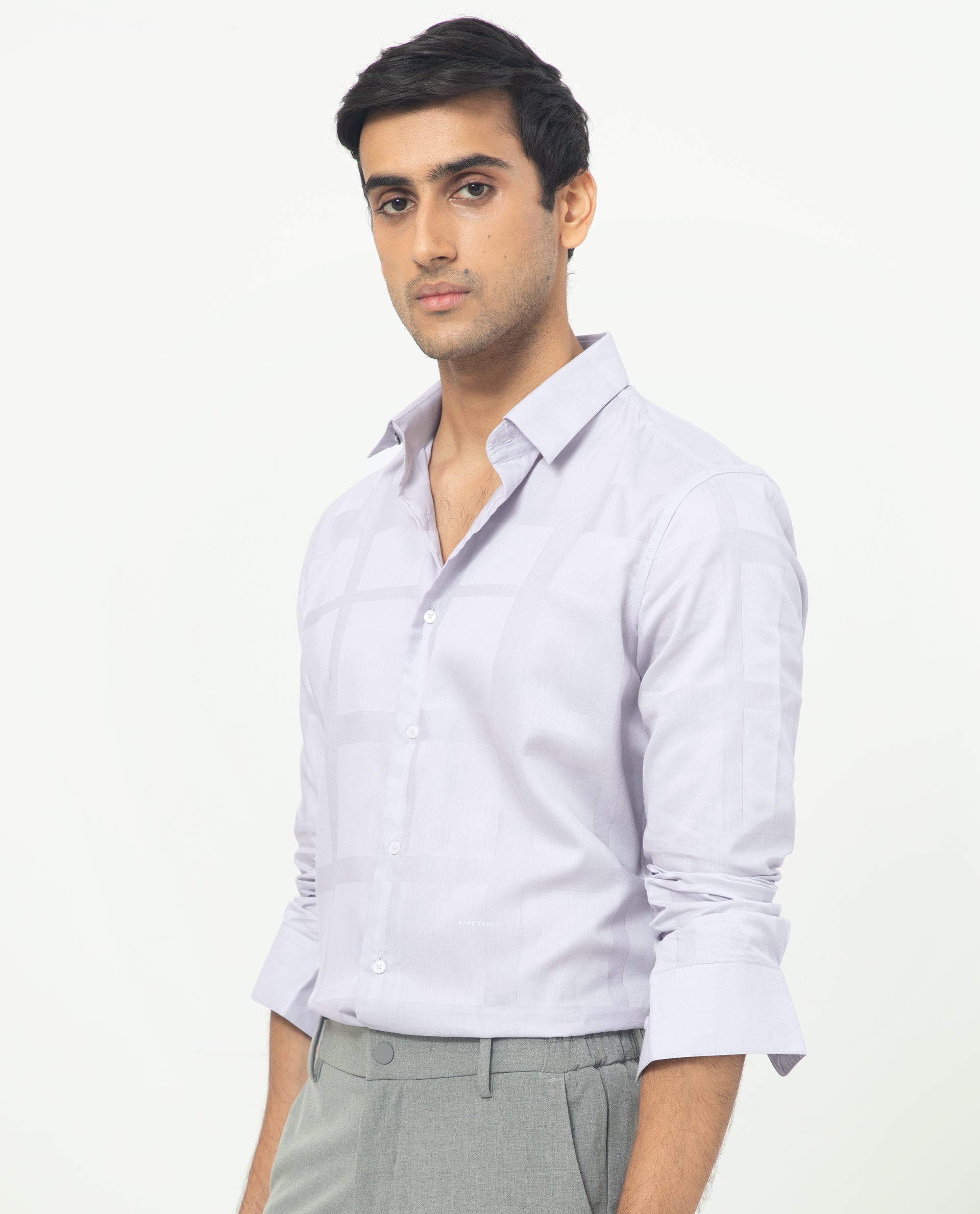 Rare Rabbit Men's Boxline Pastel Purple Cotton Lyocell Fabric Full Sleeves Checks Shirt