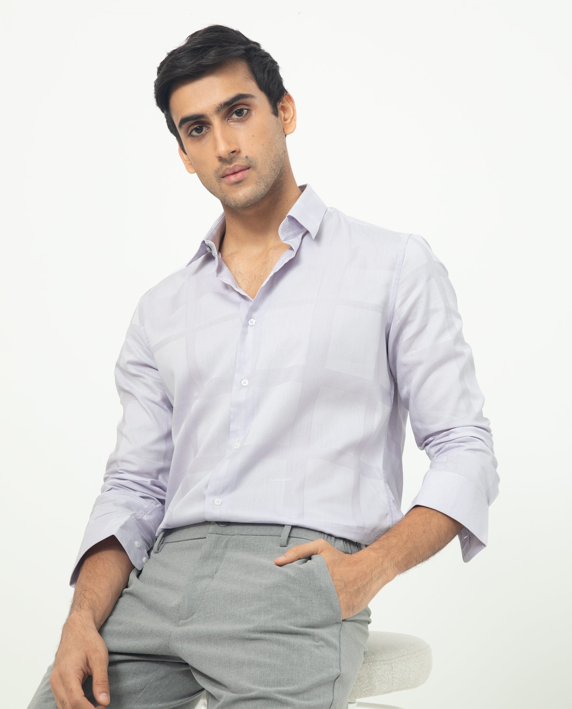 Rare Rabbit Men's Boxline Pastel Purple Cotton Lyocell Fabric Full Sleeves Checks Shirt