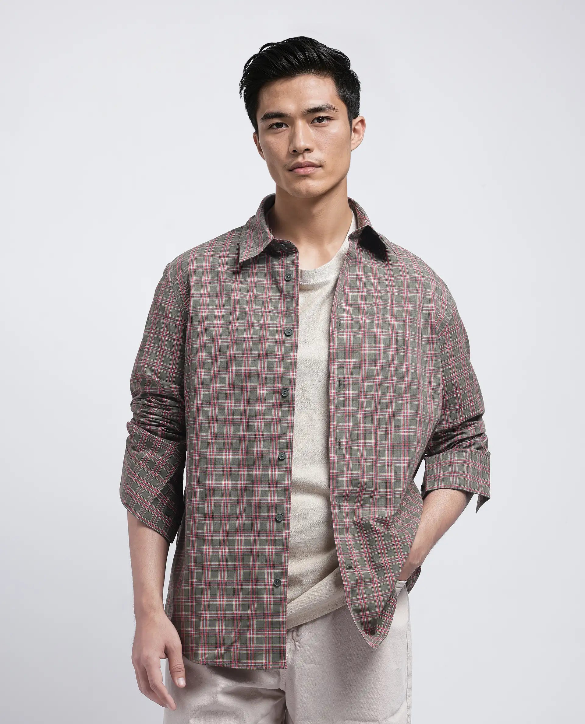 Rare Rabbit Men's Boxy Dark Olive Cotton Fabric Full Sleeve Collared Neck Button Closure Printed Shirt