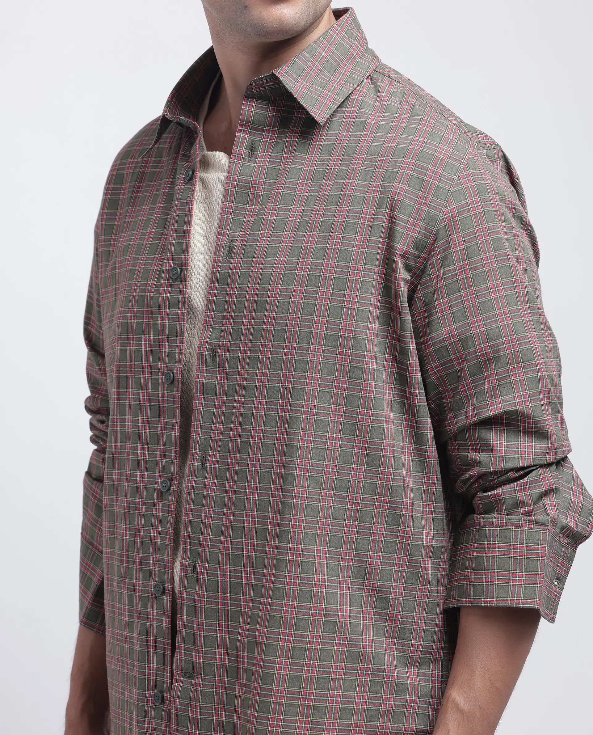 Rare Rabbit Men's Boxy Dark Olive Cotton Fabric Full Sleeve Collared Neck Button Closure Printed Shirt