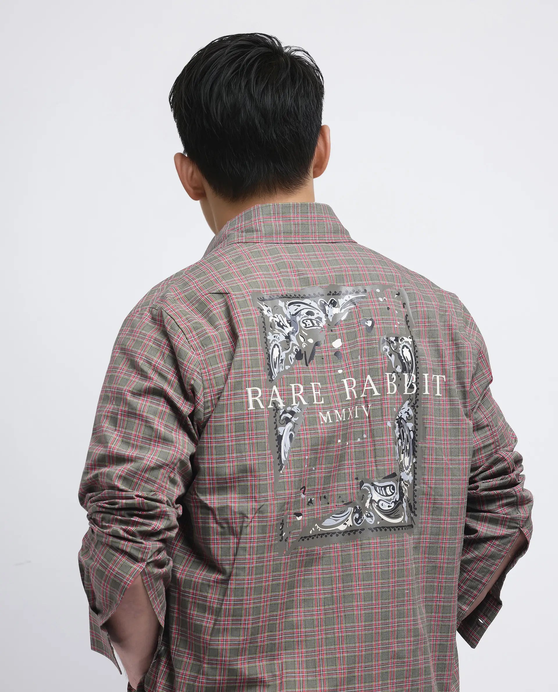Rare Rabbit Men's Boxy Dark Olive Cotton Fabric Full Sleeve Collared Neck Button Closure Printed Shirt