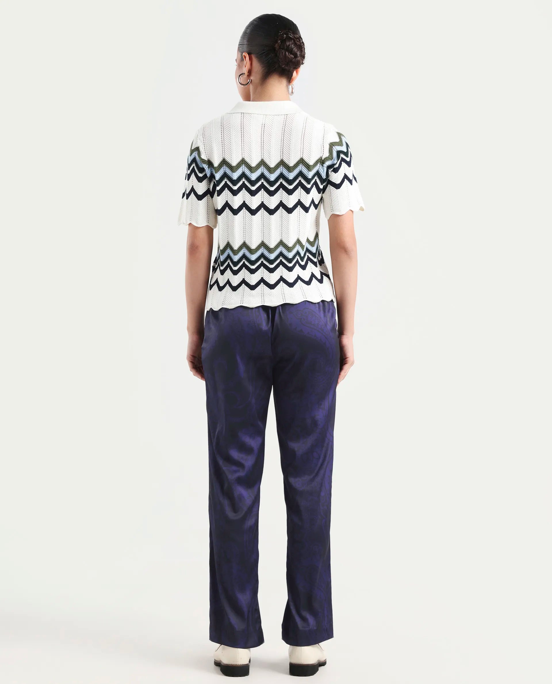 Rareism Women's Braun Navy Polyester Abstract Print Ankle Length Tailored Trouser