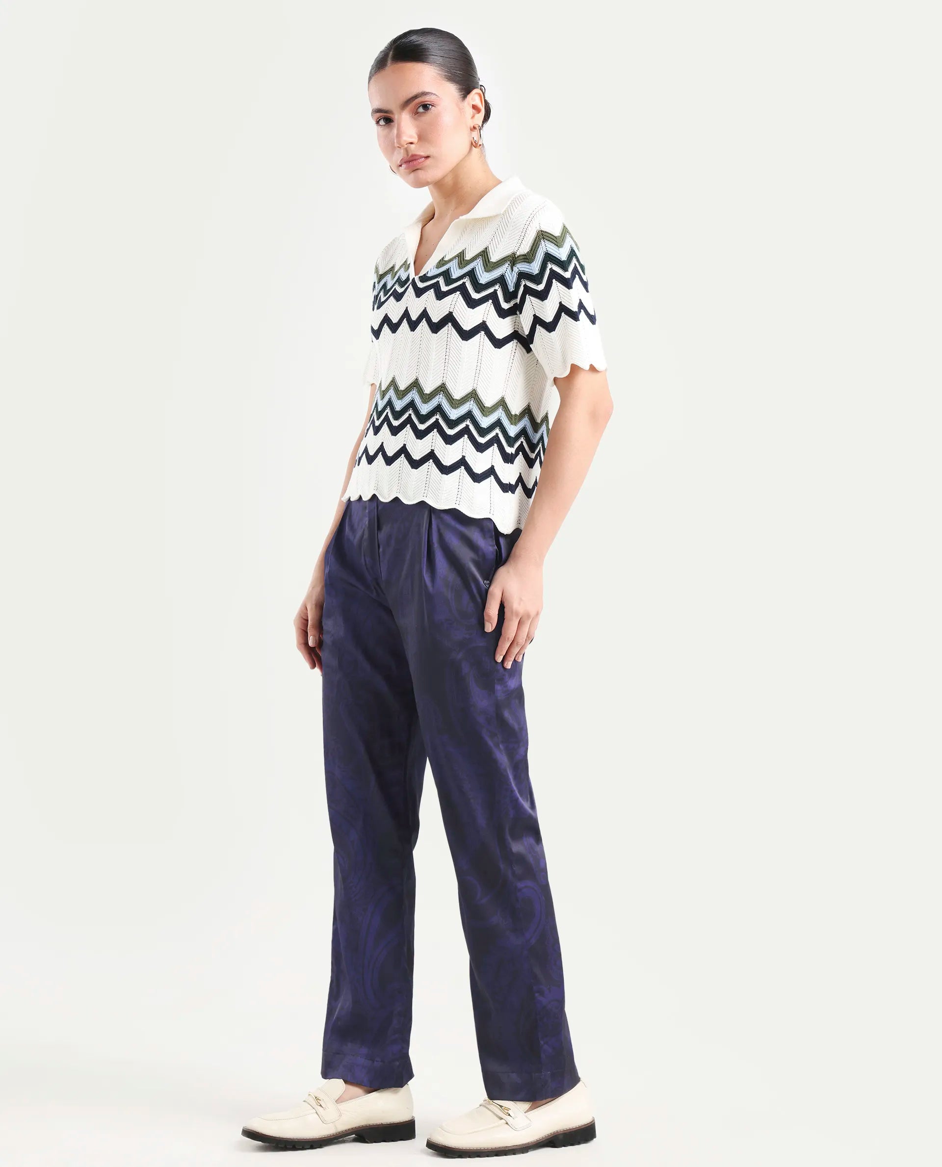 Rareism Women's Braun Navy Polyester Abstract Print Ankle Length Tailored Trouser