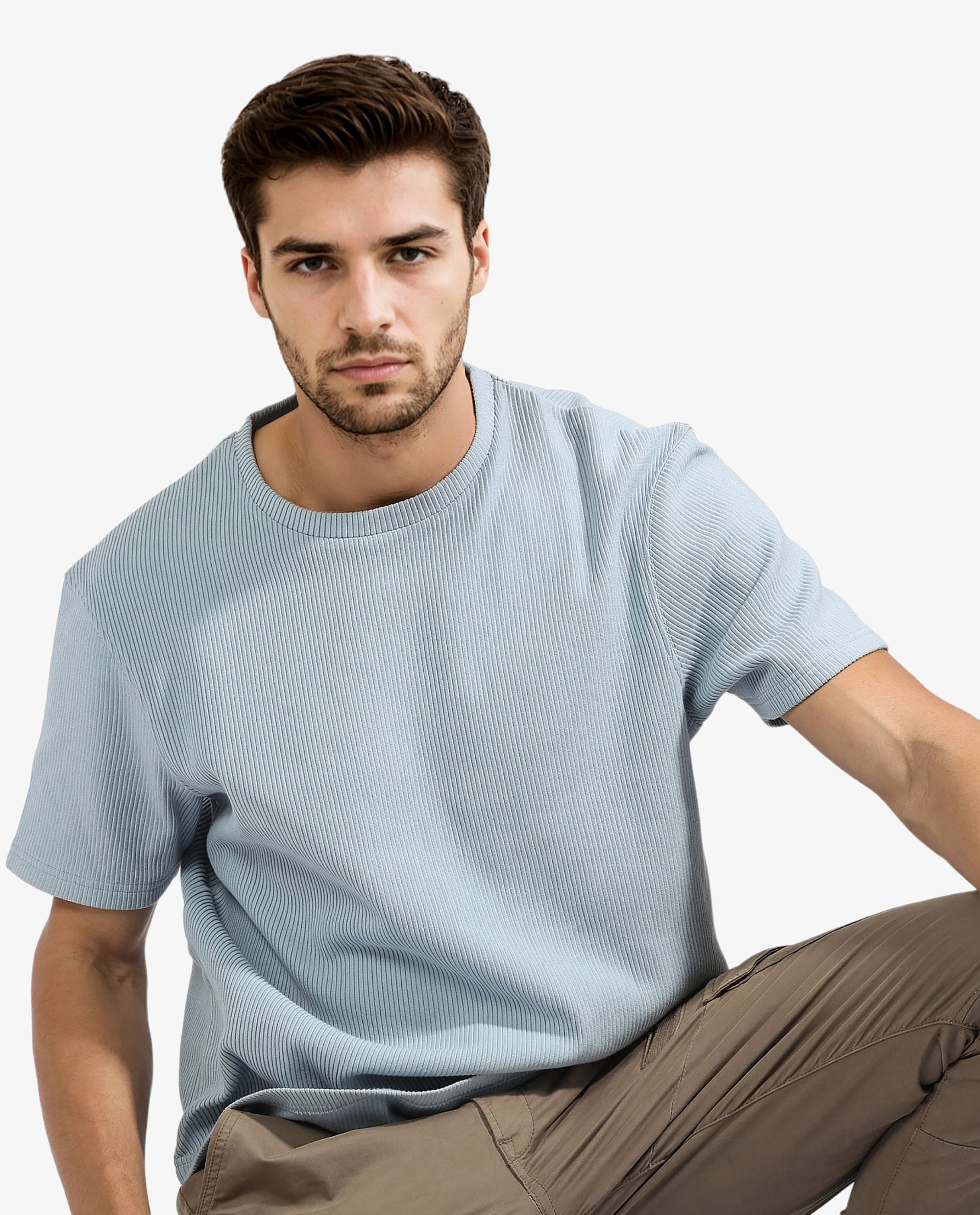 Rare Rabbit Men's Bree Dusky Blue Crew Neck Ottoman Textured Drop Shoulder Half Sleeves Oversized Fit T-Shirt