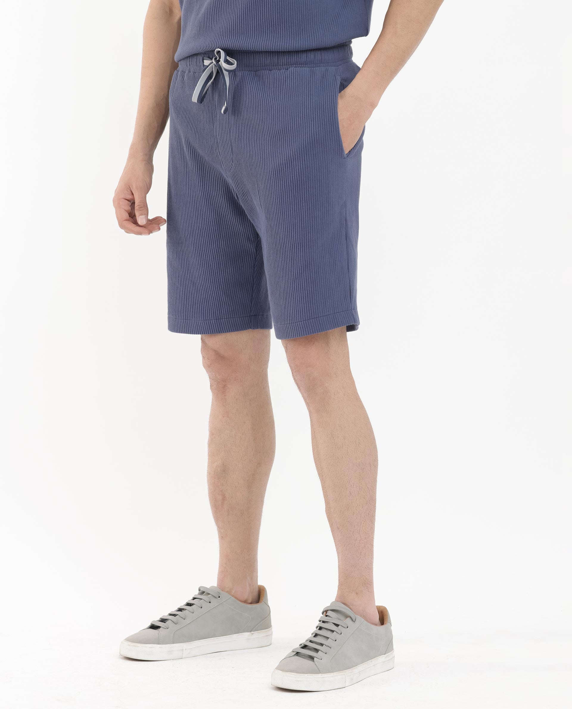 Rare Rabbit Mens Breto Dusky Blue Cotton Polyester Lycra Ribbed Texture Shorts