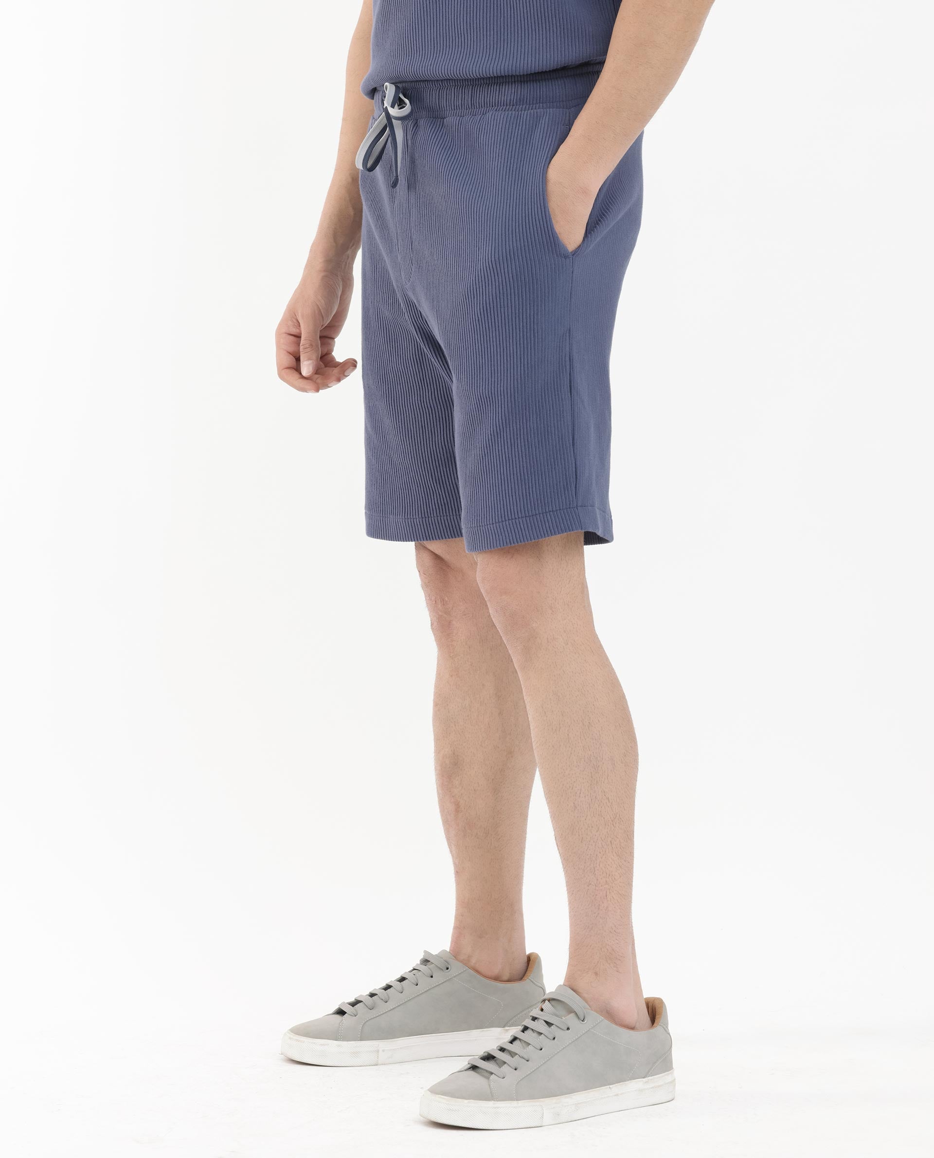 Rare Rabbit Mens Breto Dusky Blue Cotton Polyester Lycra Ribbed Texture Shorts