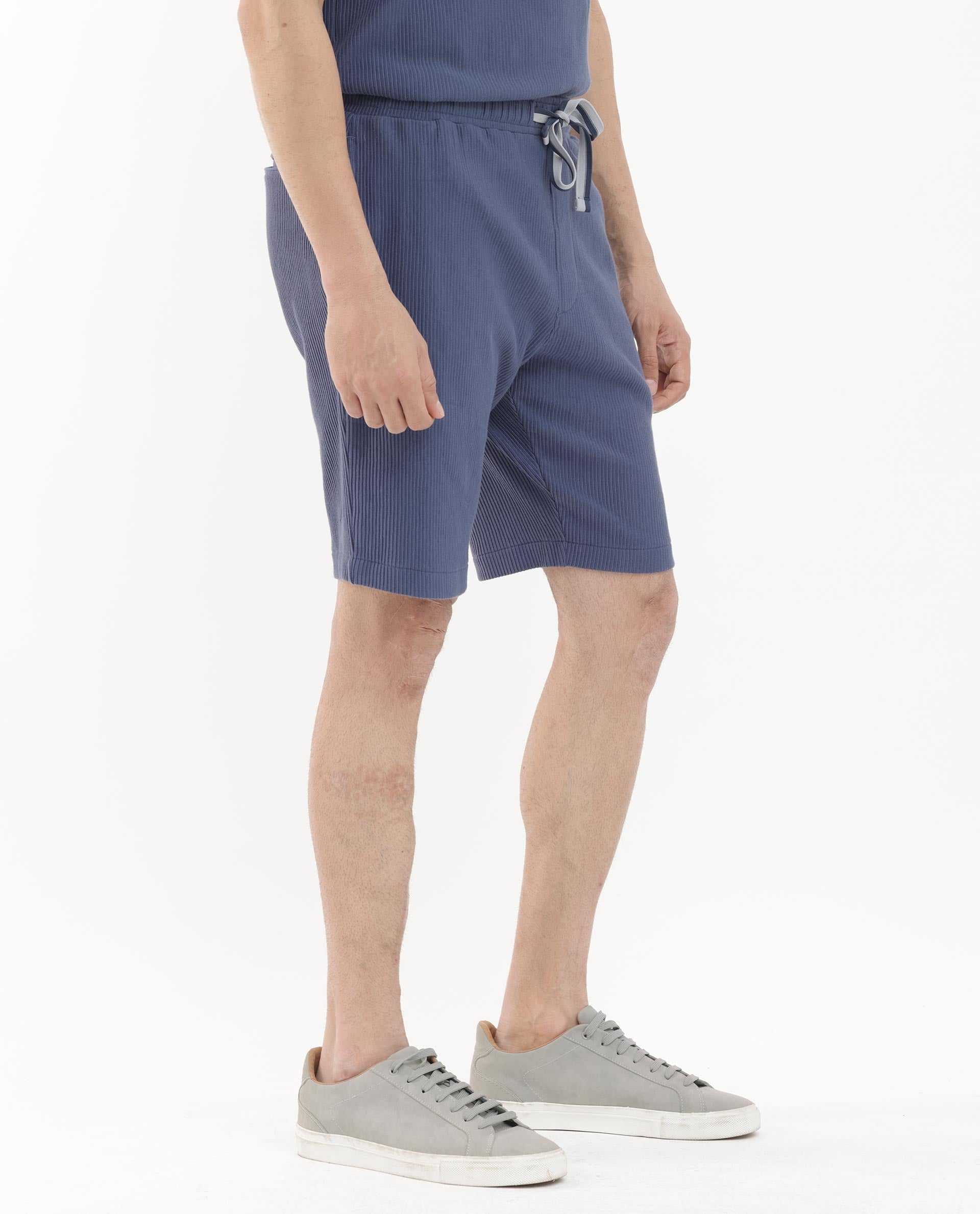 Rare Rabbit Mens Breto Dusky Blue Cotton Polyester Lycra Ribbed Texture Shorts