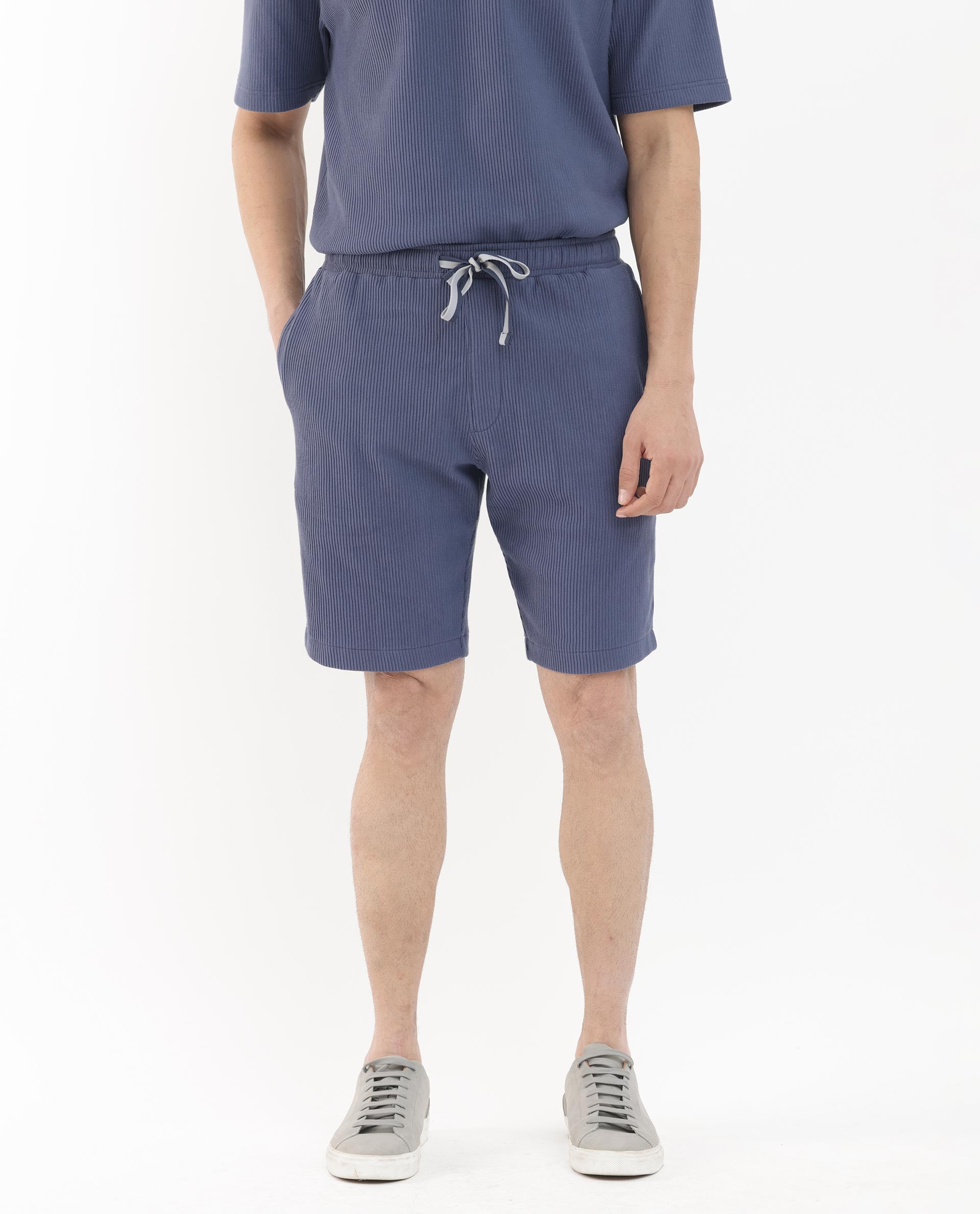 Rare Rabbit Mens Breto Dusky Blue Cotton Polyester Lycra Ribbed Texture Shorts