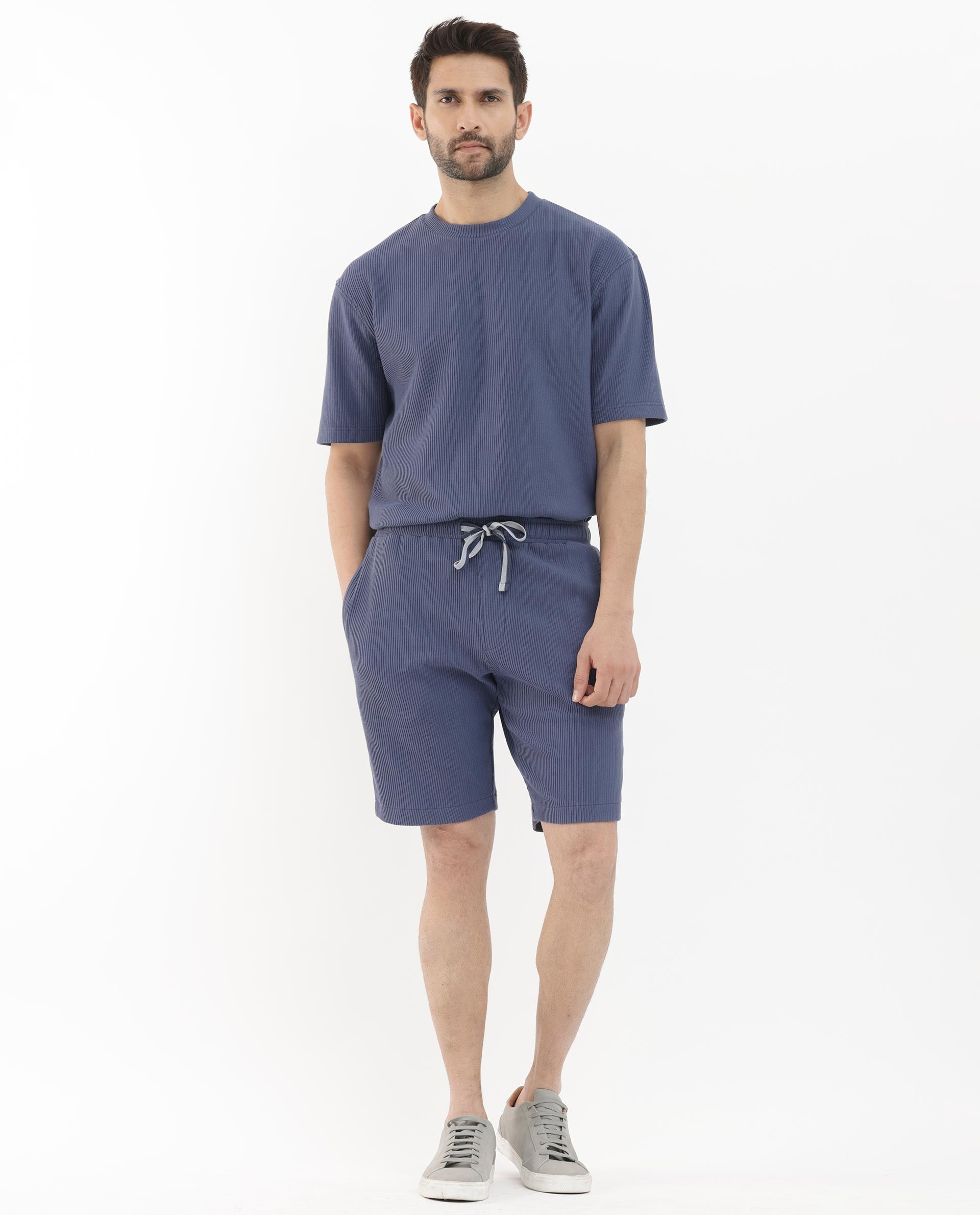 Rare Rabbit Mens Breto Dusky Blue Cotton Polyester Lycra Ribbed Texture Shorts