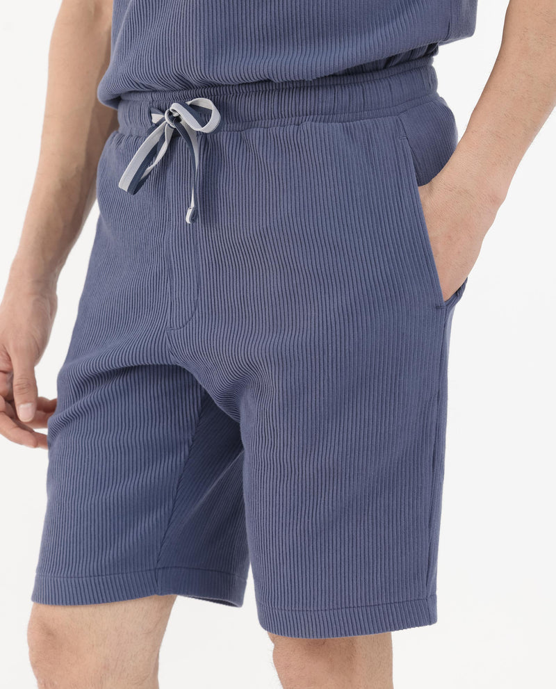 Rare Rabbit Mens Breto Dusky Blue Cotton Polyester Lycra Ribbed Texture Shorts