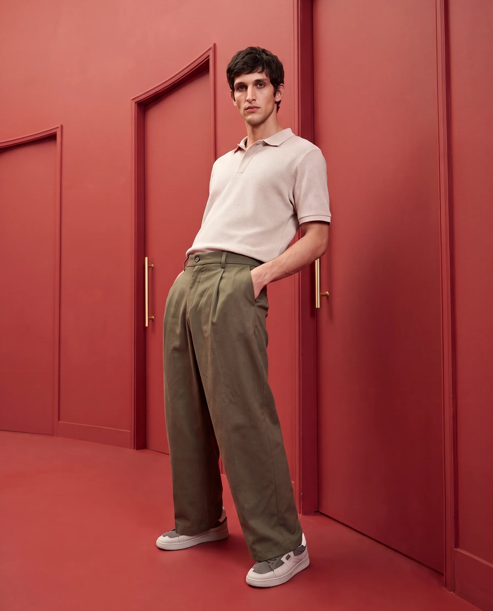 Rare Rabbit Men's Brelint Brown Cotton Blend Plain Relaxed Fit Trouser