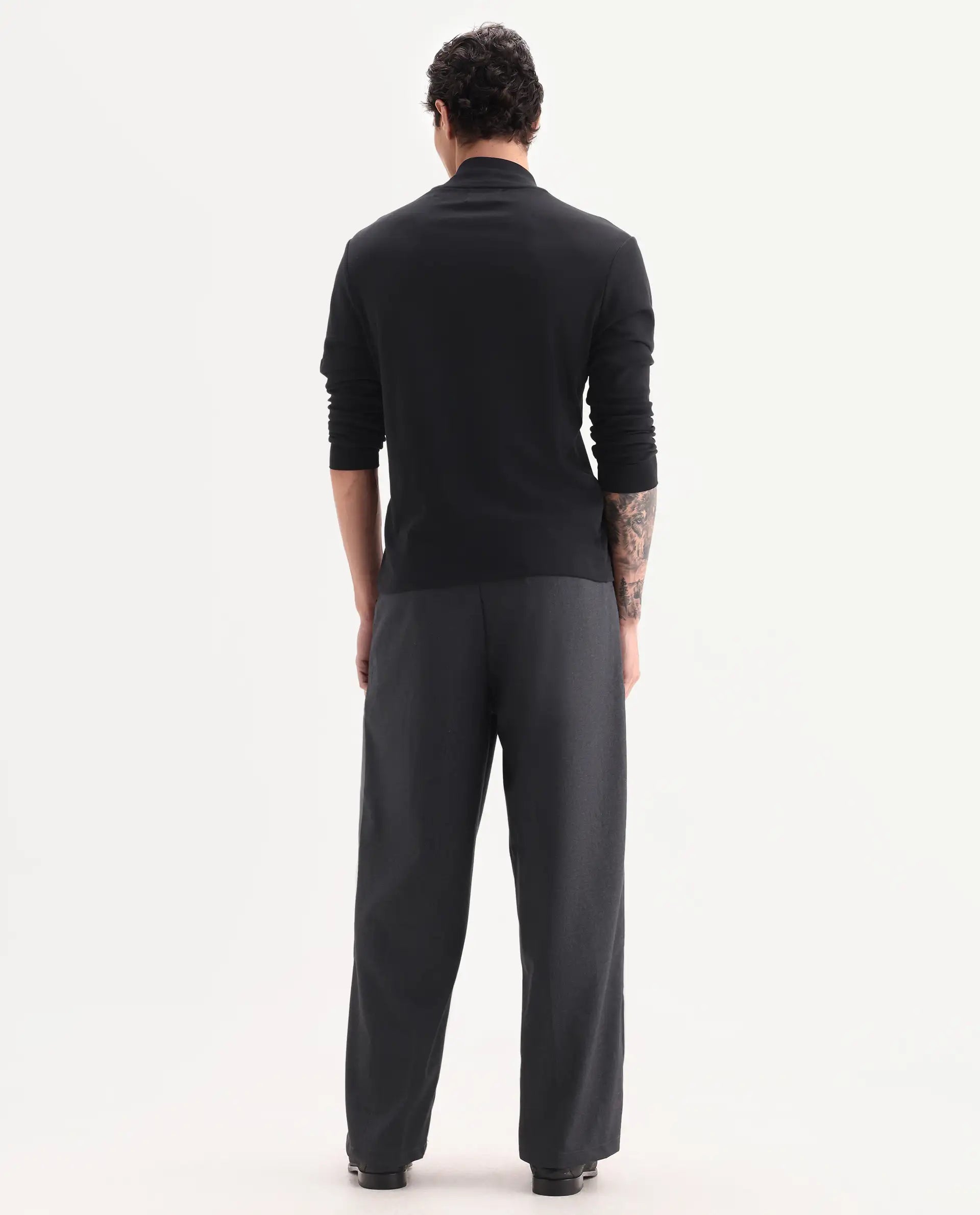 Rare Rabbit Men's Brelint Navy Cotton Blend Plain Relaxed Fit Trouser