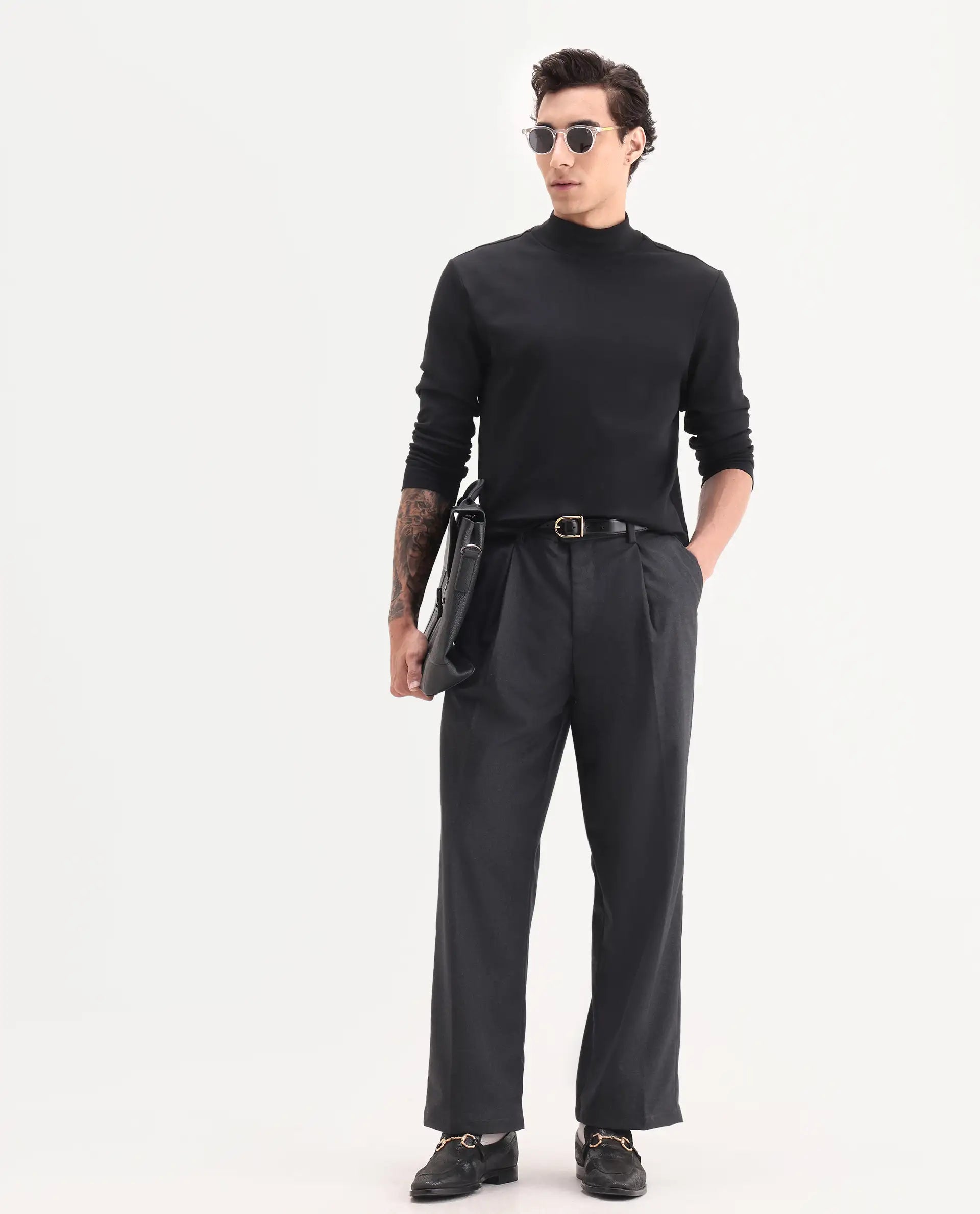 Rare Rabbit Men's Brelint Navy Cotton Blend Plain Relaxed Fit Trouser