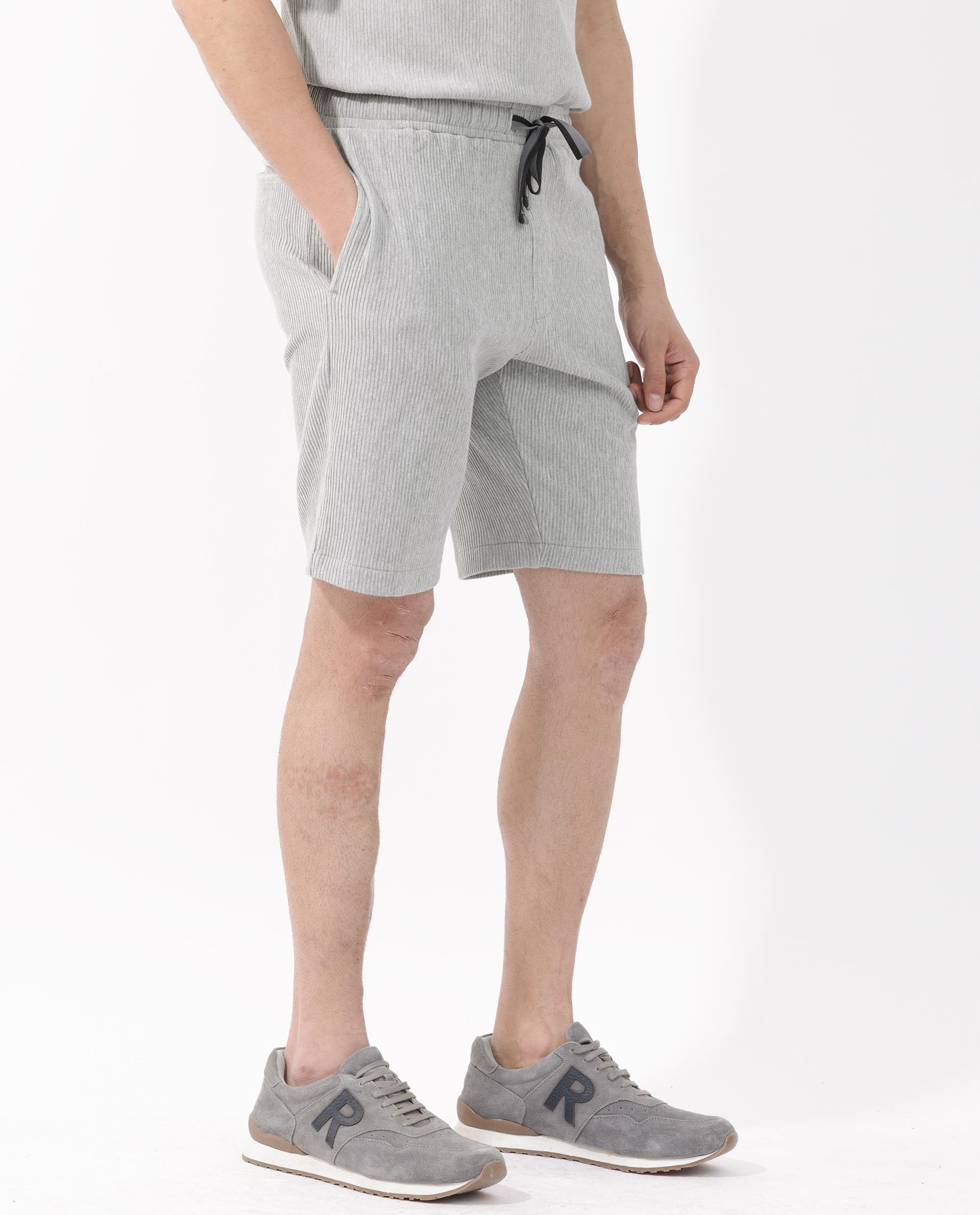 Rare Rabbit Mens Breto Melange Grey Cotton Polyester Lycra Ribbed Texture Shorts