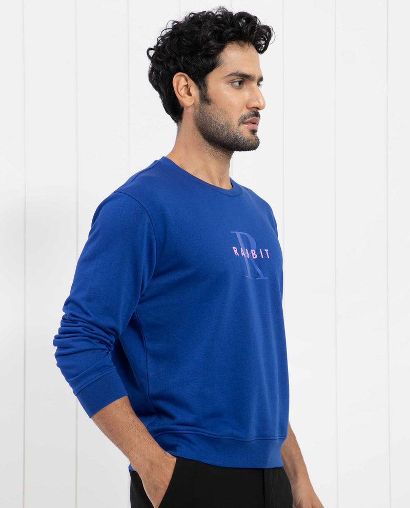 RARE RABBIT MENS BREWET FLOUROSCENT BLUE SWEATSHIRT COTTON POLYESTER TERRY FABRIC ROUND NECK KNITTED FULL SLEEVES COMFORTABLE FIT