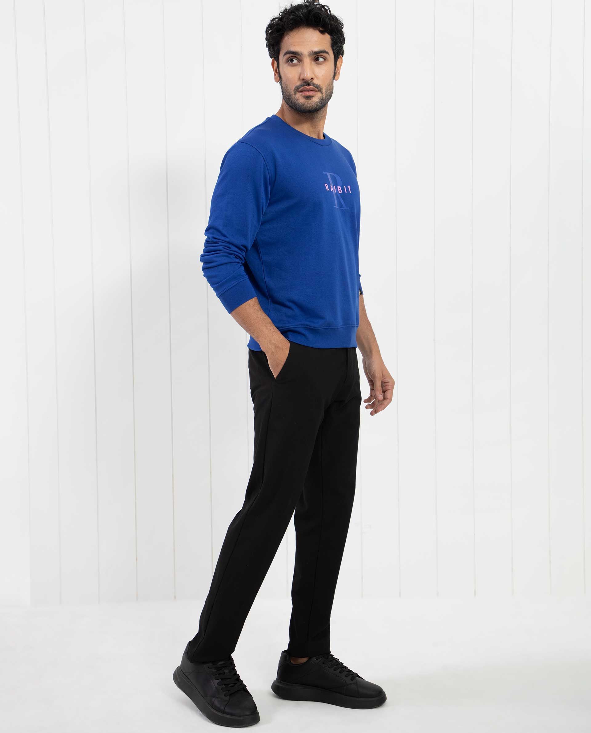 Rare Rabbit Men's Brewet Fluorescent Blue Cotton Polyester Fabric Full Sleeves Graphic  Print Sweatshirt