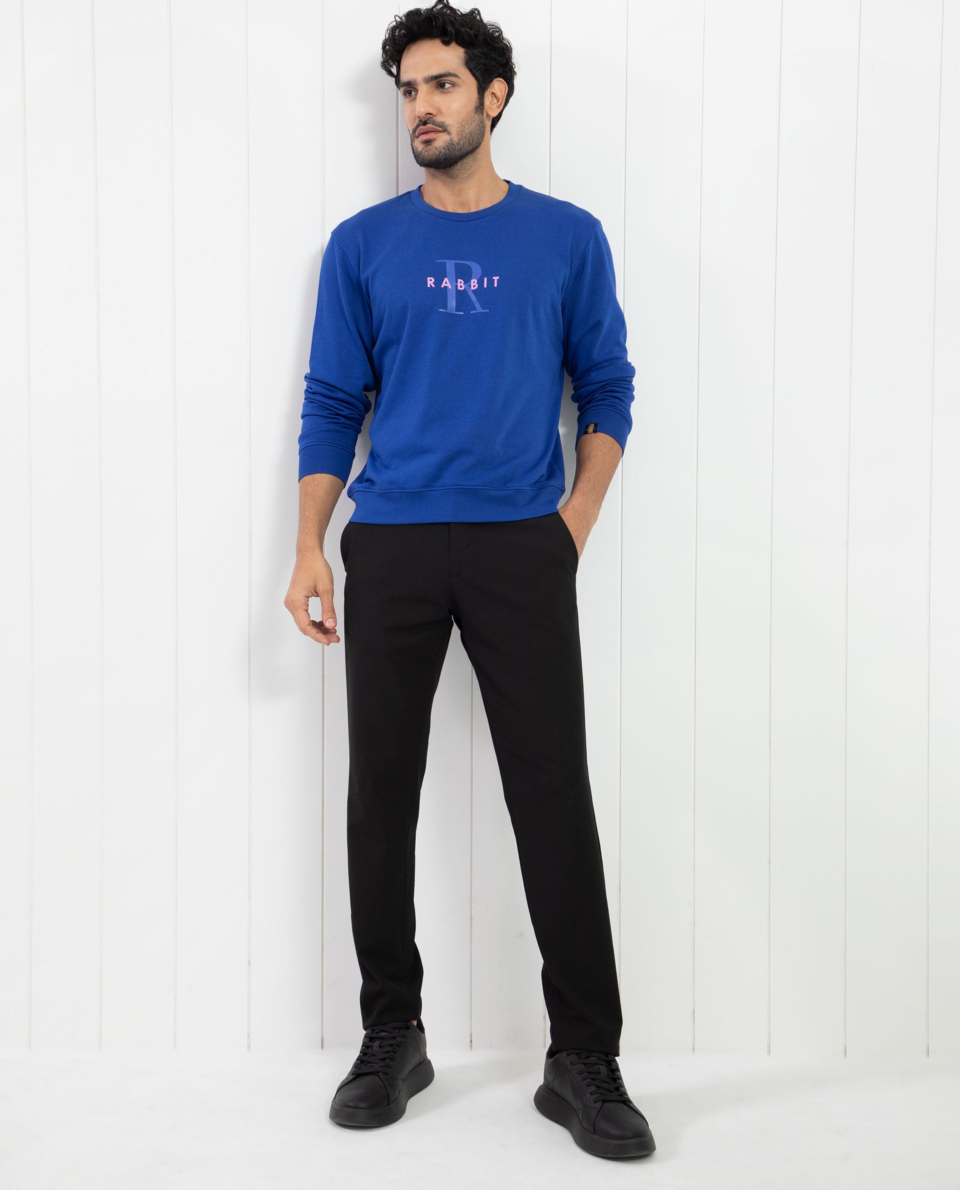 Rare Rabbit Men's Brewet Fluorescent Blue Cotton Polyester Fabric Full Sleeves Graphic  Print Sweatshirt