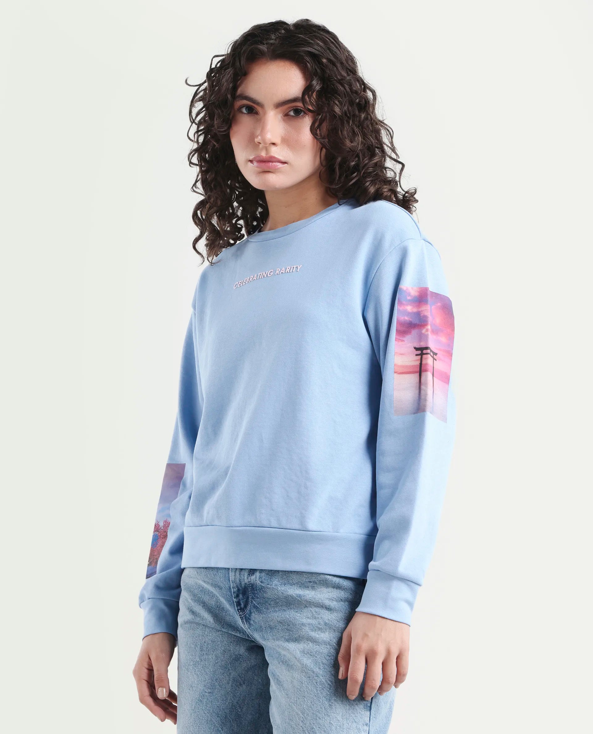 Rareism Women's Briske Light Blue Cotton Blend Crew Neck Graphic Print Relaxed Fit Sweatshirt