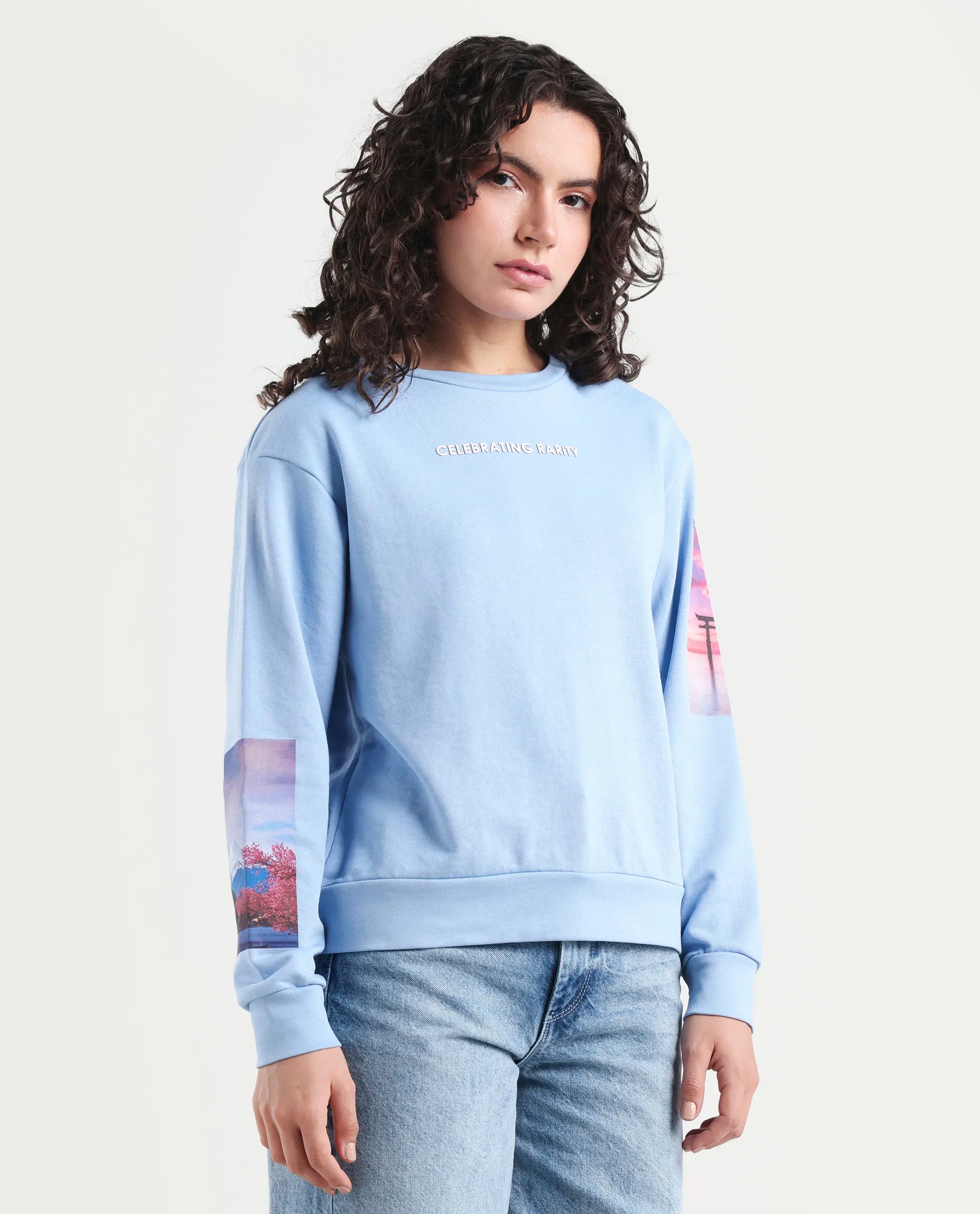 Rareism Women's Briske Light Blue Cotton Blend Crew Neck Graphic Print Relaxed Fit Sweatshirt