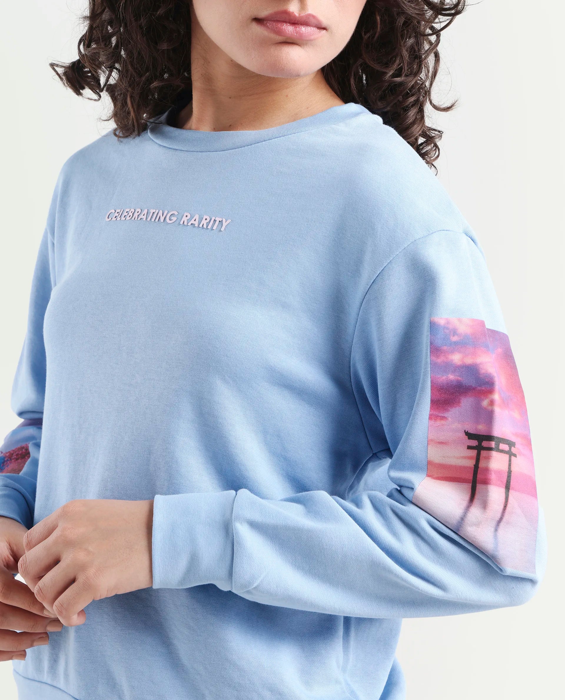 Rareism Women's Briske Light Blue Cotton Blend Crew Neck Graphic Print Relaxed Fit Sweatshirt