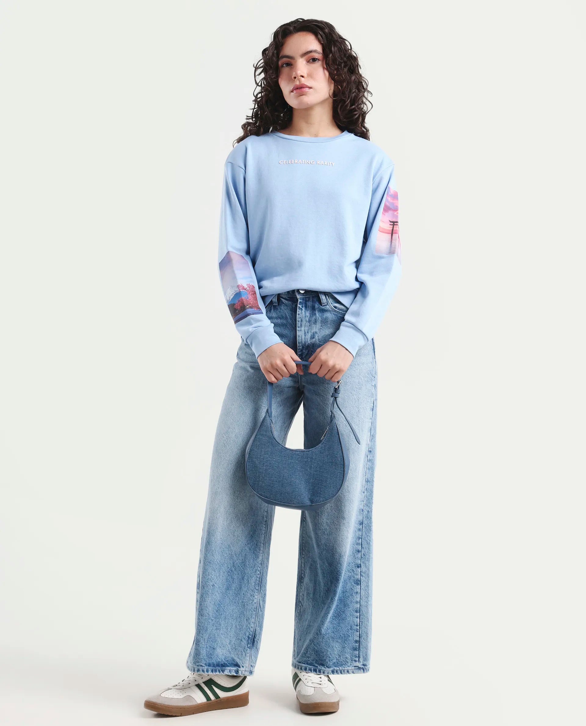 Rareism Women's Briske Light Blue Cotton Blend Crew Neck Graphic Print Relaxed Fit Sweatshirt