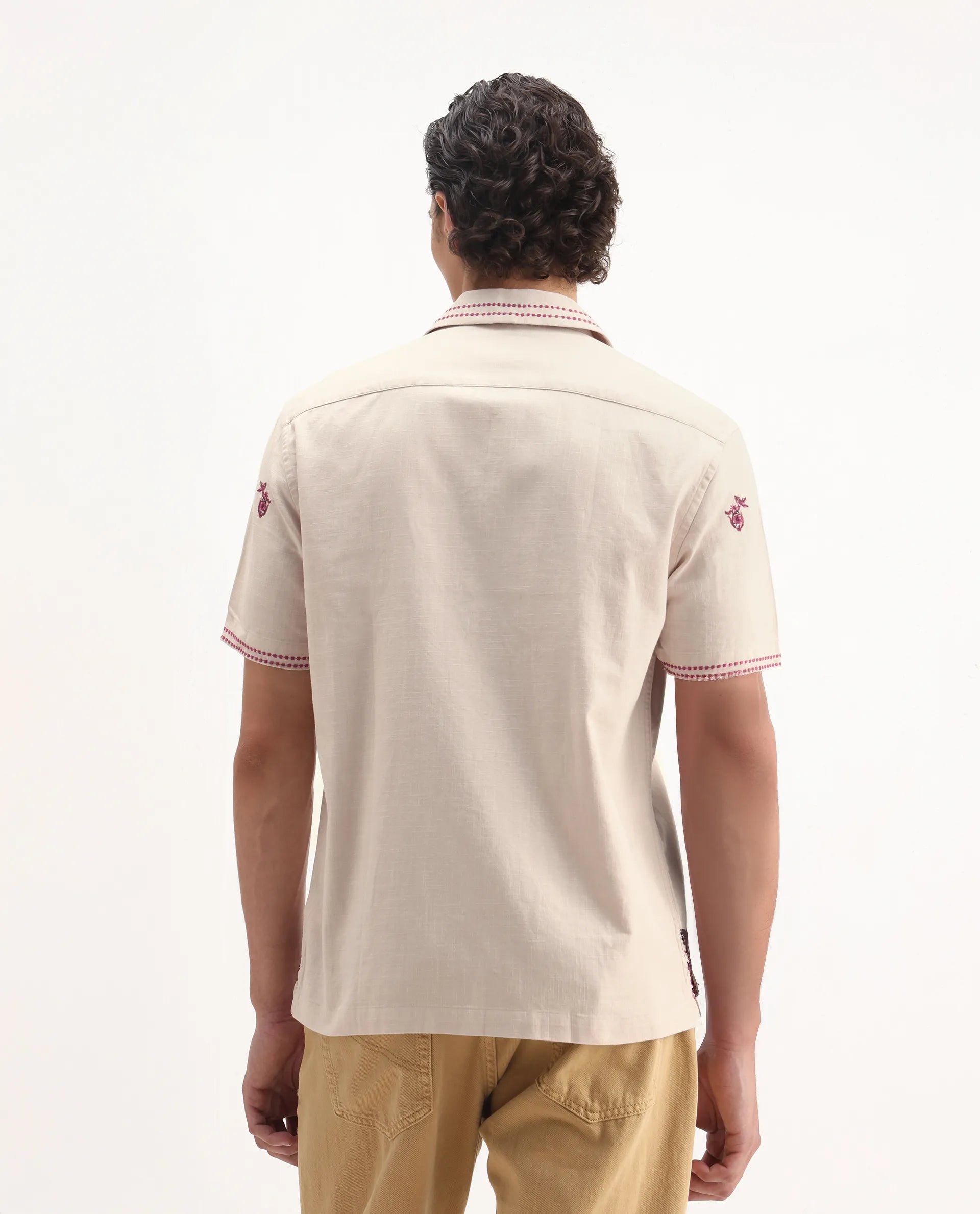 Rare Rabbit Men's Bris Off White Cotton Embroidered Boxy Fit Half Sleeve Cuban Collar Shirt