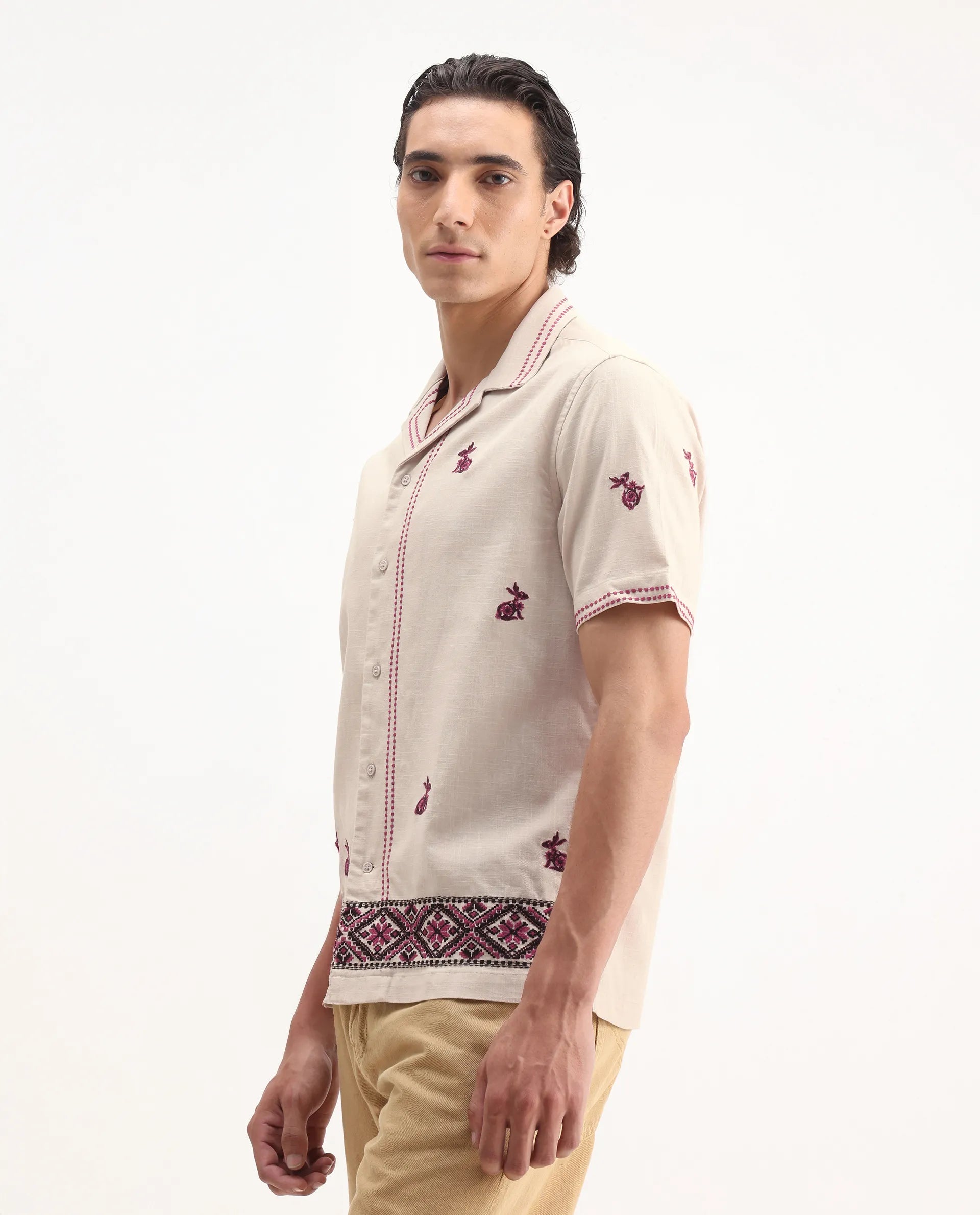 Rare Rabbit Men's Bris Off White Cotton Embroidered Boxy Fit Half Sleeve Cuban Collar Shirt