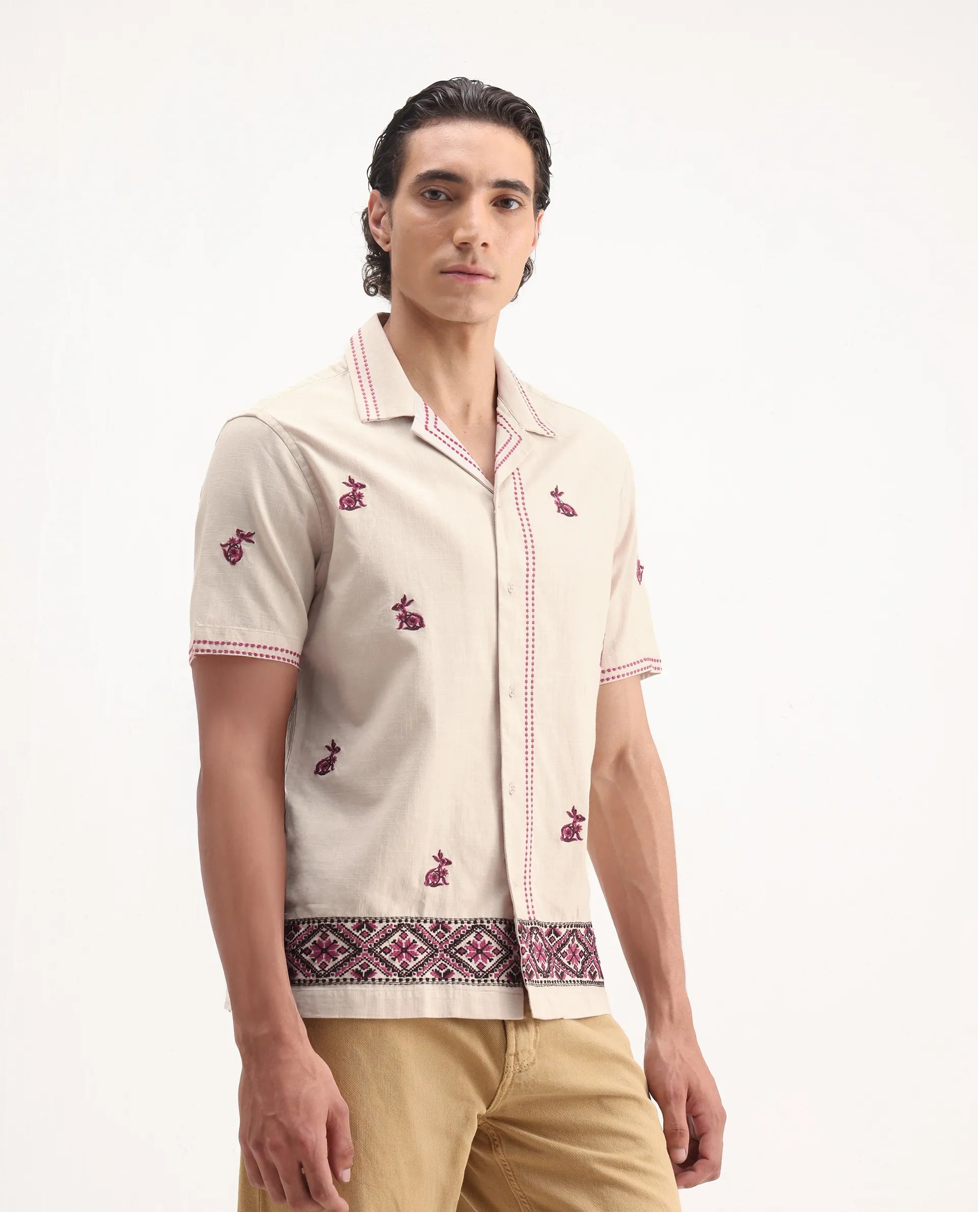 Rare Rabbit Men's Bris Off White Cotton Embroidered Boxy Fit Half Sleeve Cuban Collar Shirt