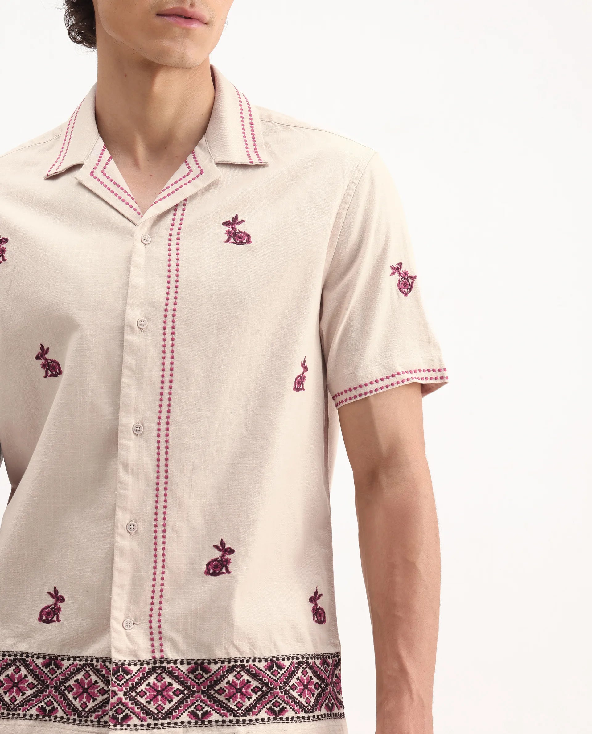 Rare Rabbit Men's Bris Off White Cotton Embroidered Boxy Fit Half Sleeve Cuban Collar Shirt