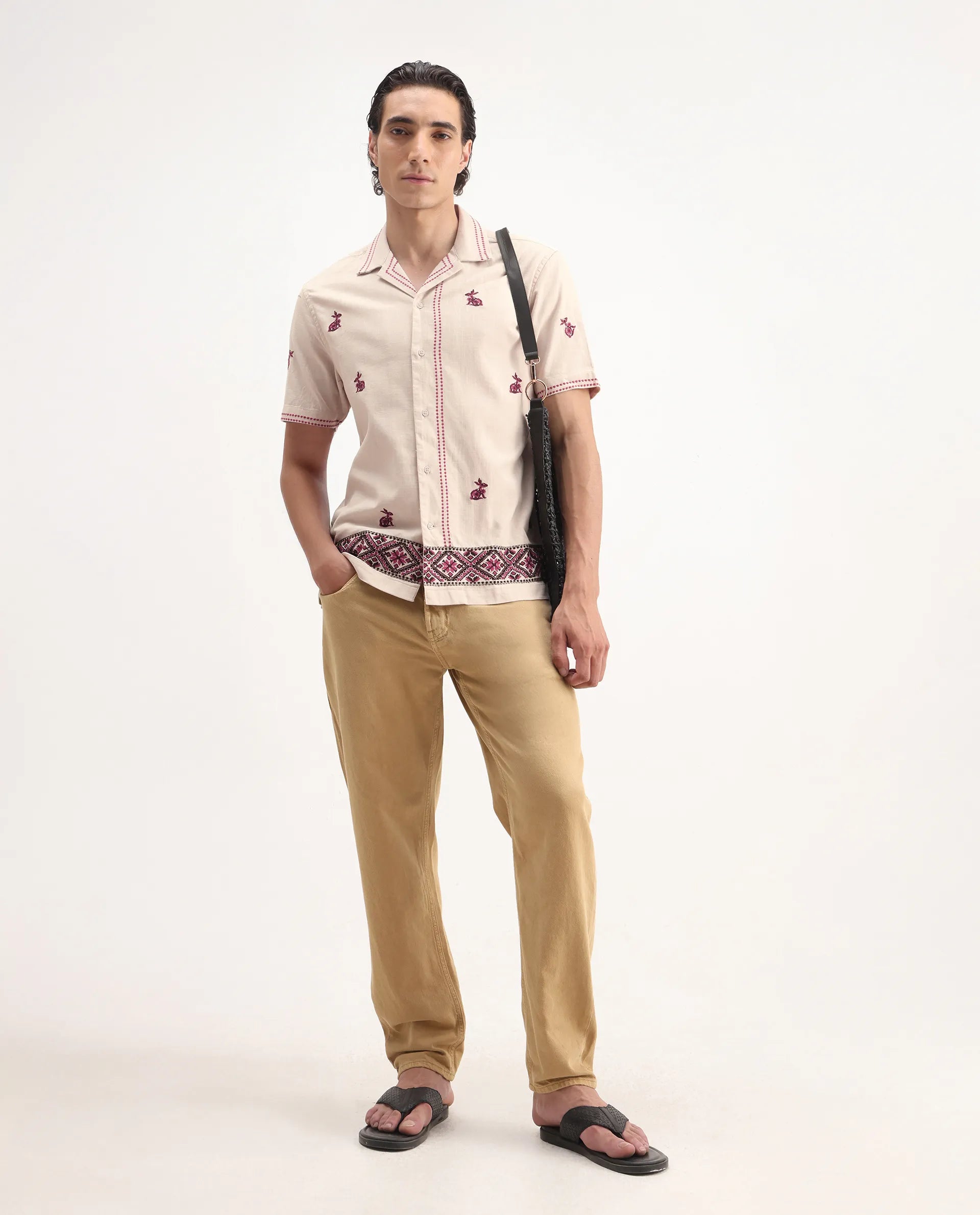 Rare Rabbit Men's Bris Off White Cotton Embroidered Boxy Fit Half Sleeve Cuban Collar Shirt