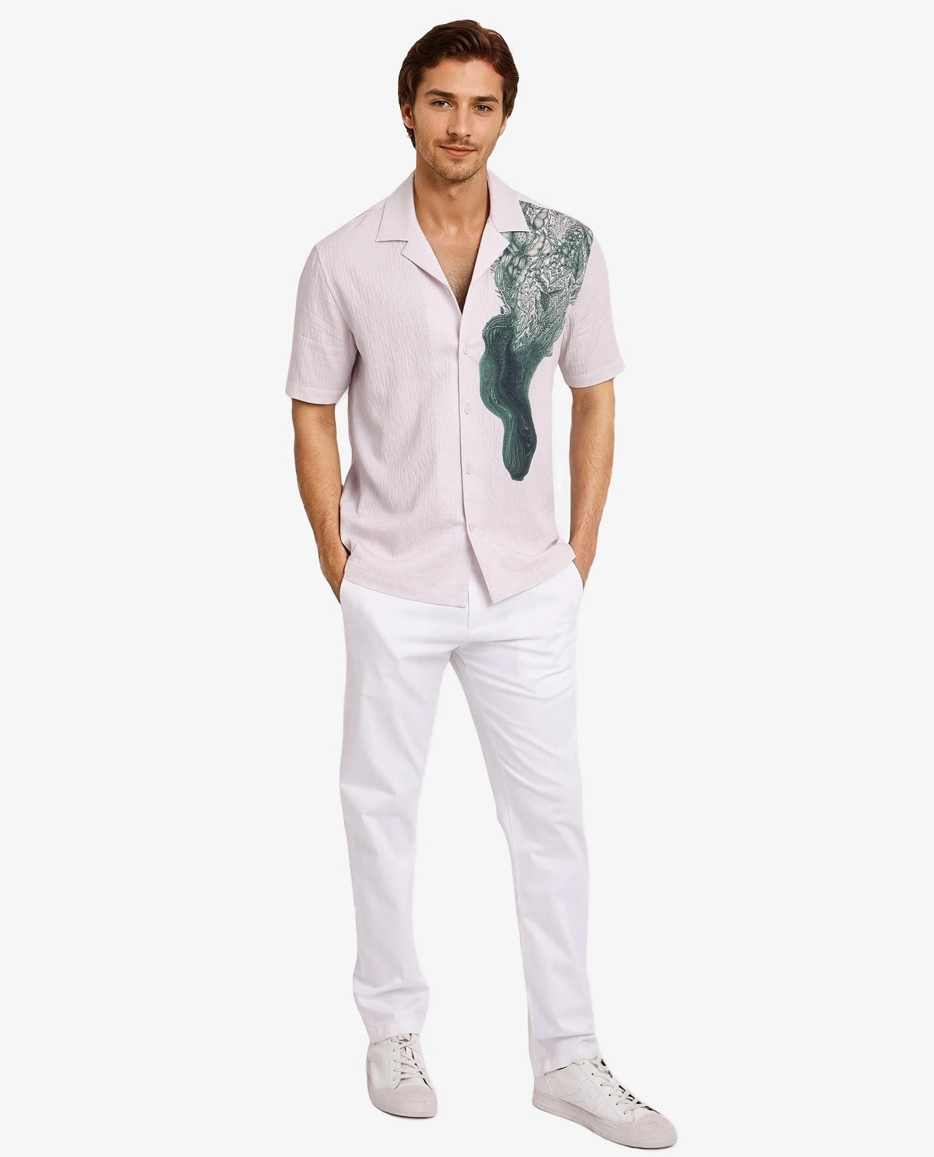 Rare Rabbit Men Brok Pastel Pink Short Sleeve Cuban Collared Boxy Fit Abstract Print Shirt