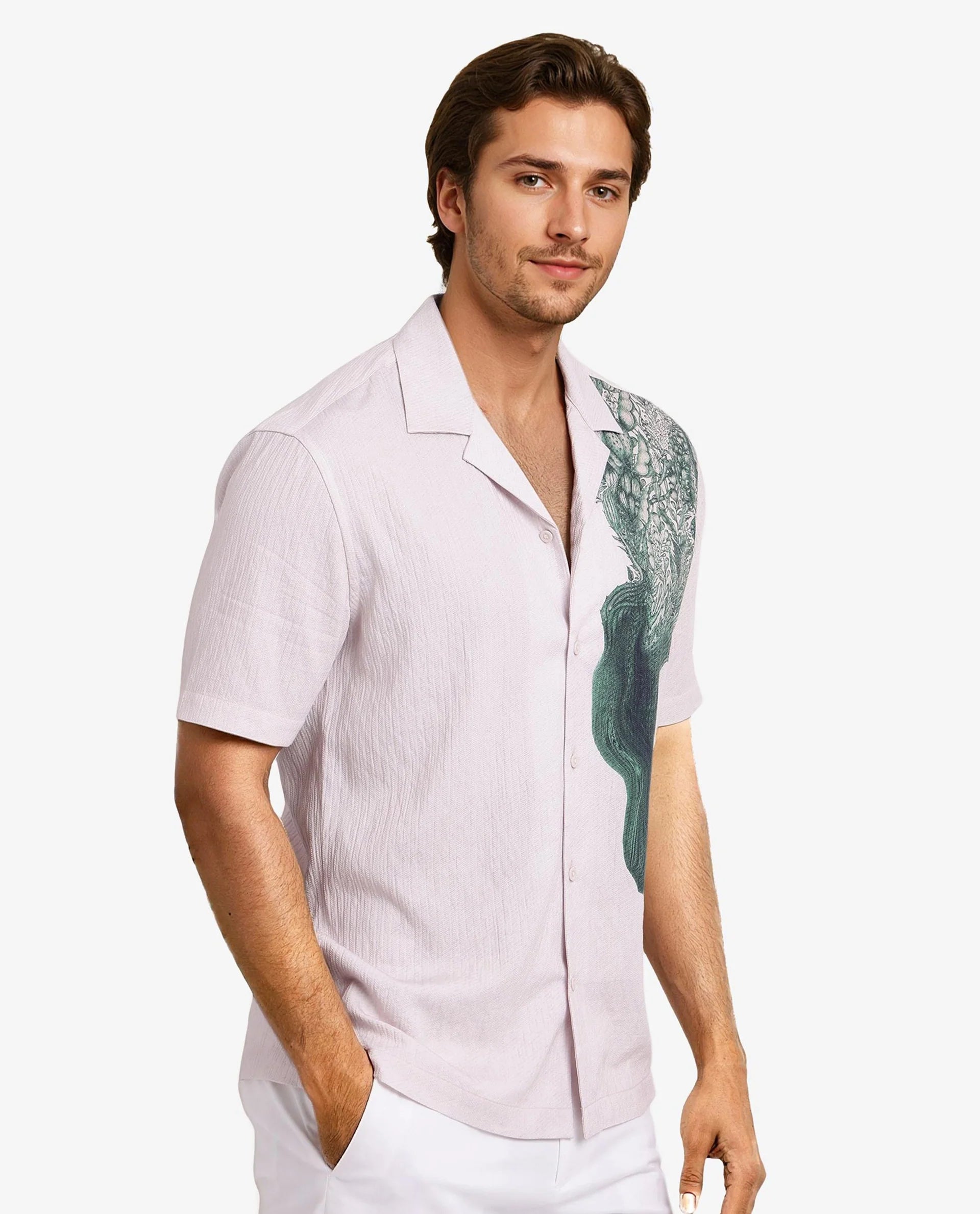 Rare Rabbit Men Brok Pastel Pink Short Sleeve Cuban Collared Boxy Fit Abstract Print Shirt