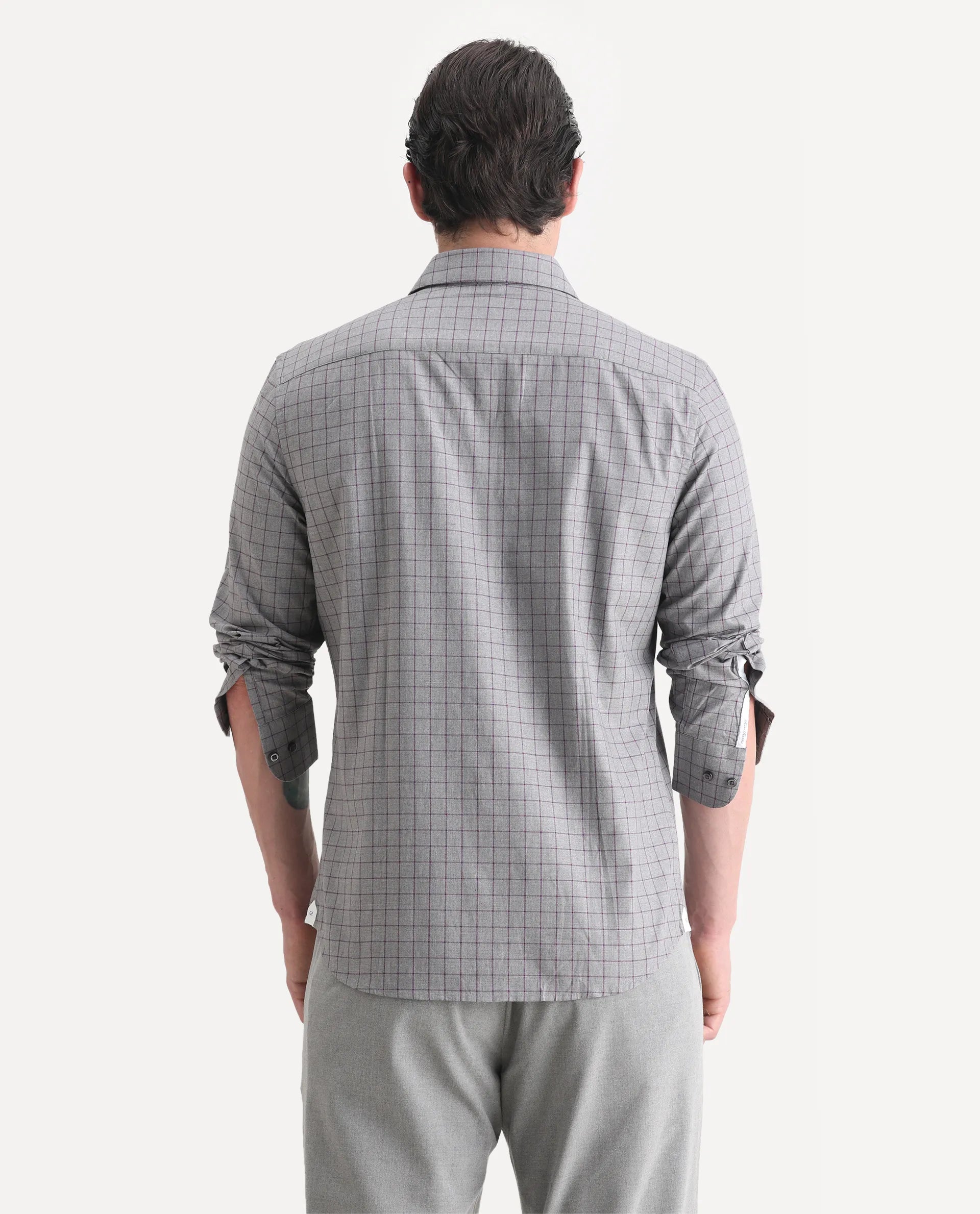 Rare Rabbit Men's Bronz Grey Cotton Checked Print Regular Fit Full Sleeve Collared Shirt