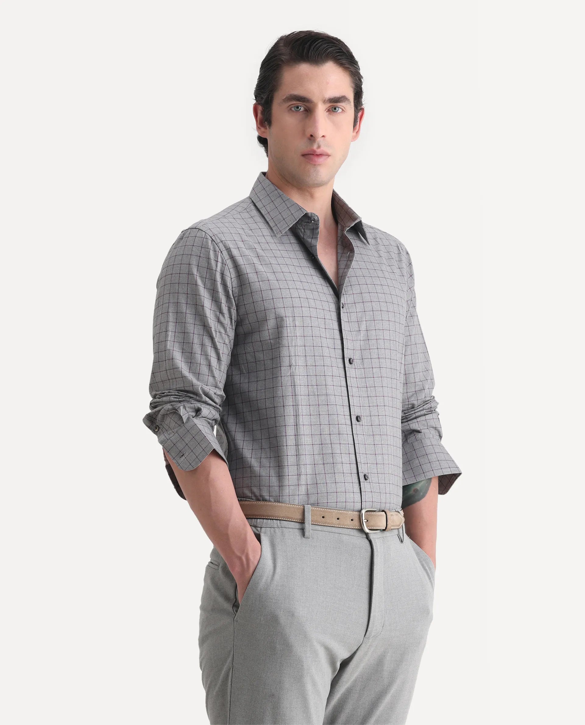 Rare Rabbit Men's Bronz Grey Cotton Checked Print Regular Fit Full Sleeve Collared Shirt