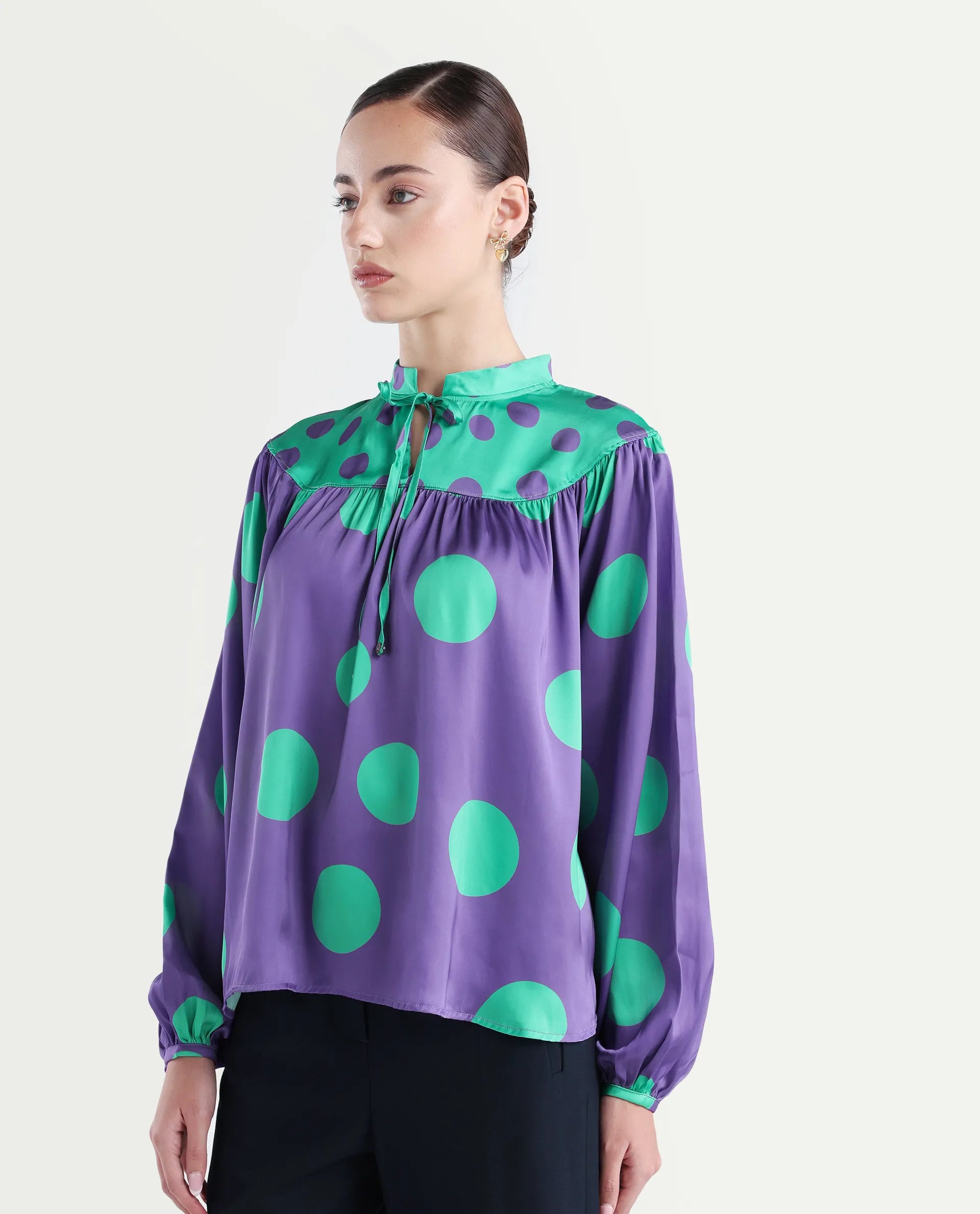 Rareism Women's Brust Purple Polyester Mandarin Collar Polka Print Bishop Sleeve Relaxed Fit Top