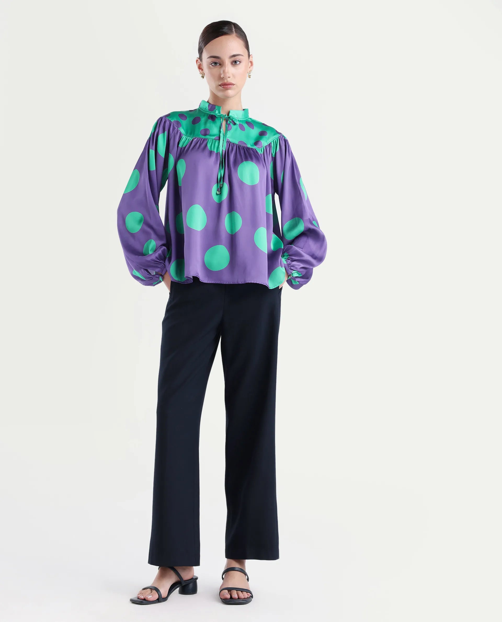 Rareism Women's Brust Purple Polyester Mandarin Collar Polka Print Bishop Sleeve Relaxed Fit Top