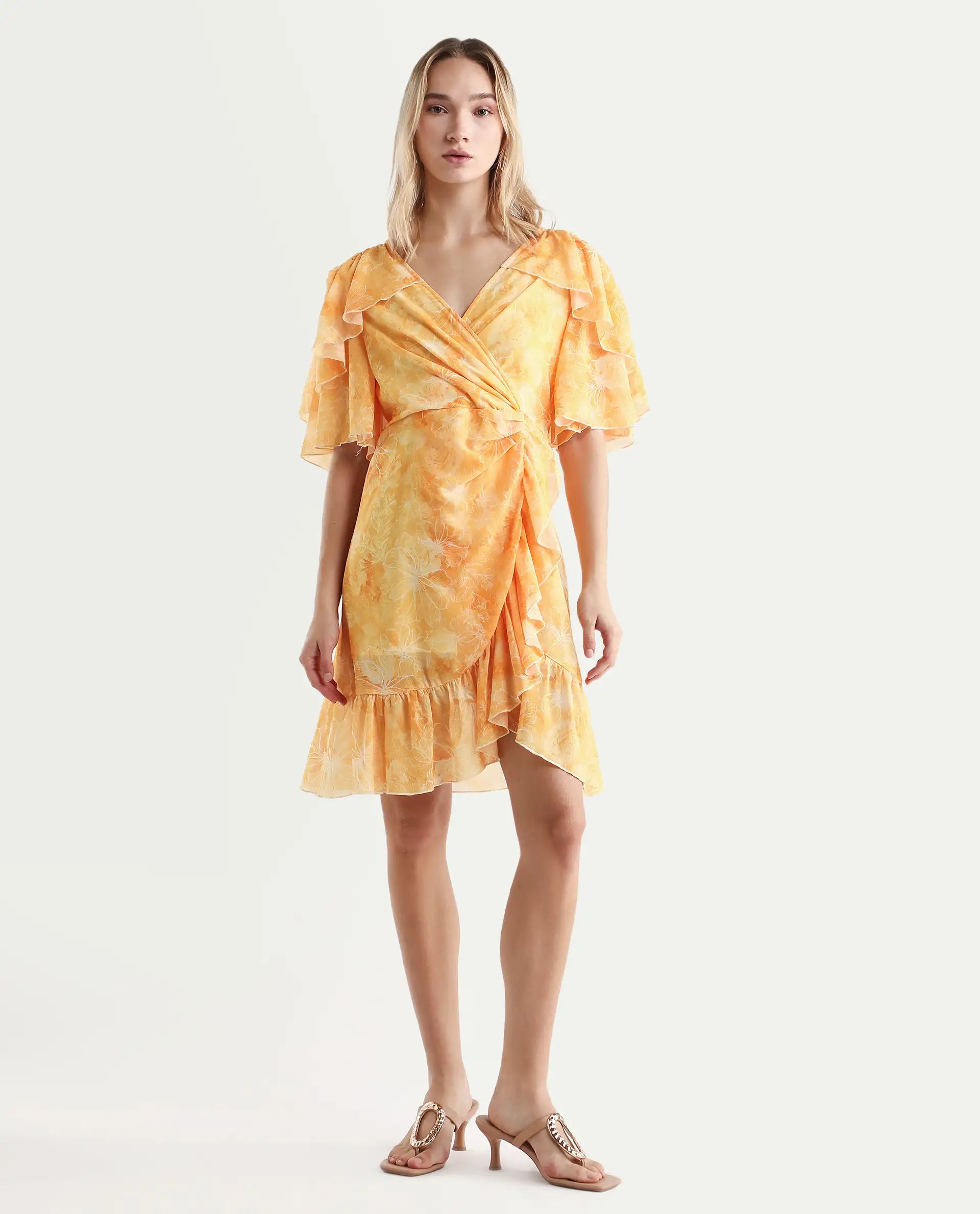 Rareism Women's Buckley Yellow Polyester Overlap Neck Floral Print Raglan Sleeve Knee Length Fit And Flare Dress