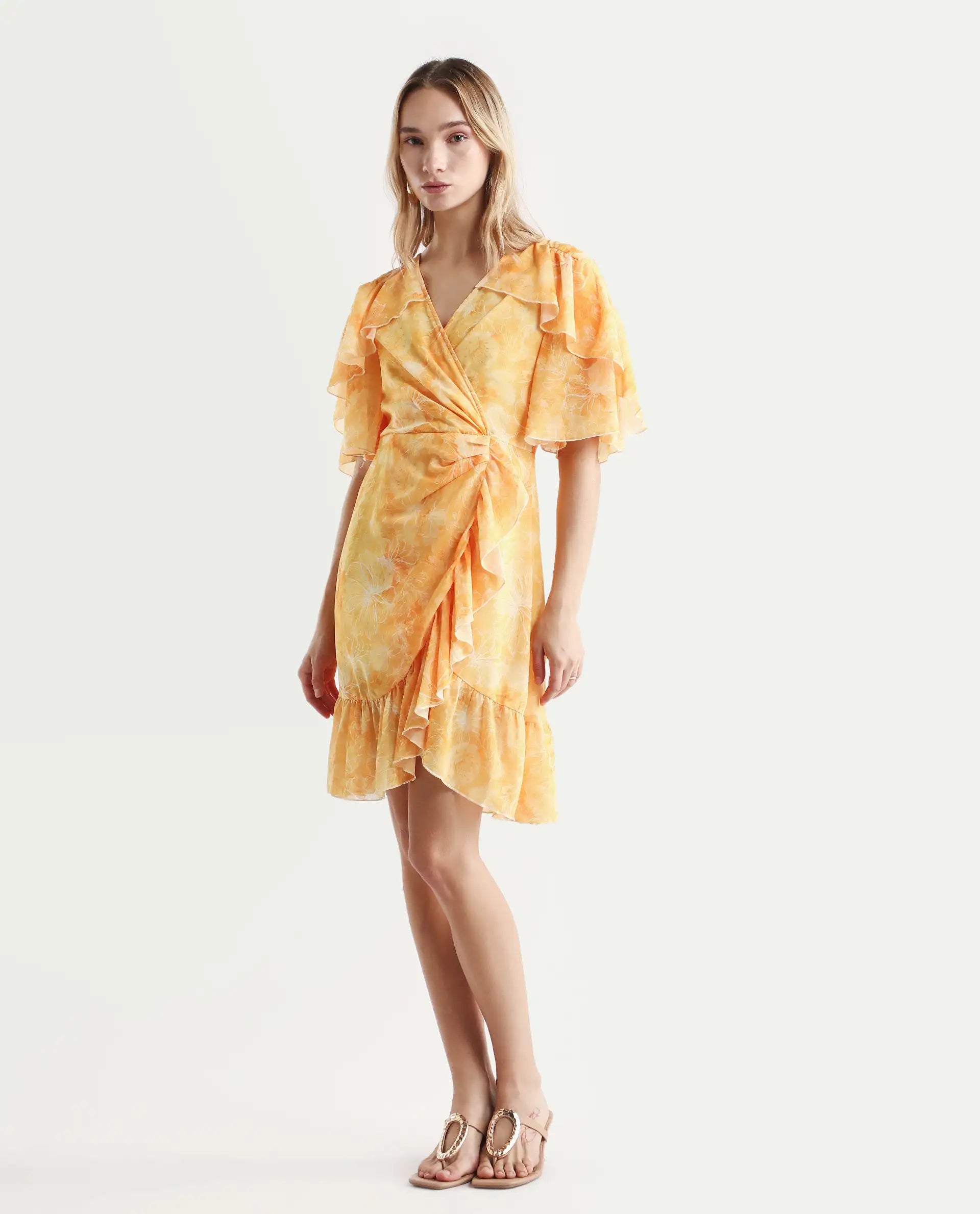 Rareism Women's Buckley Yellow Polyester Overlap Neck Floral Print Raglan Sleeve Knee Length Fit And Flare Dress