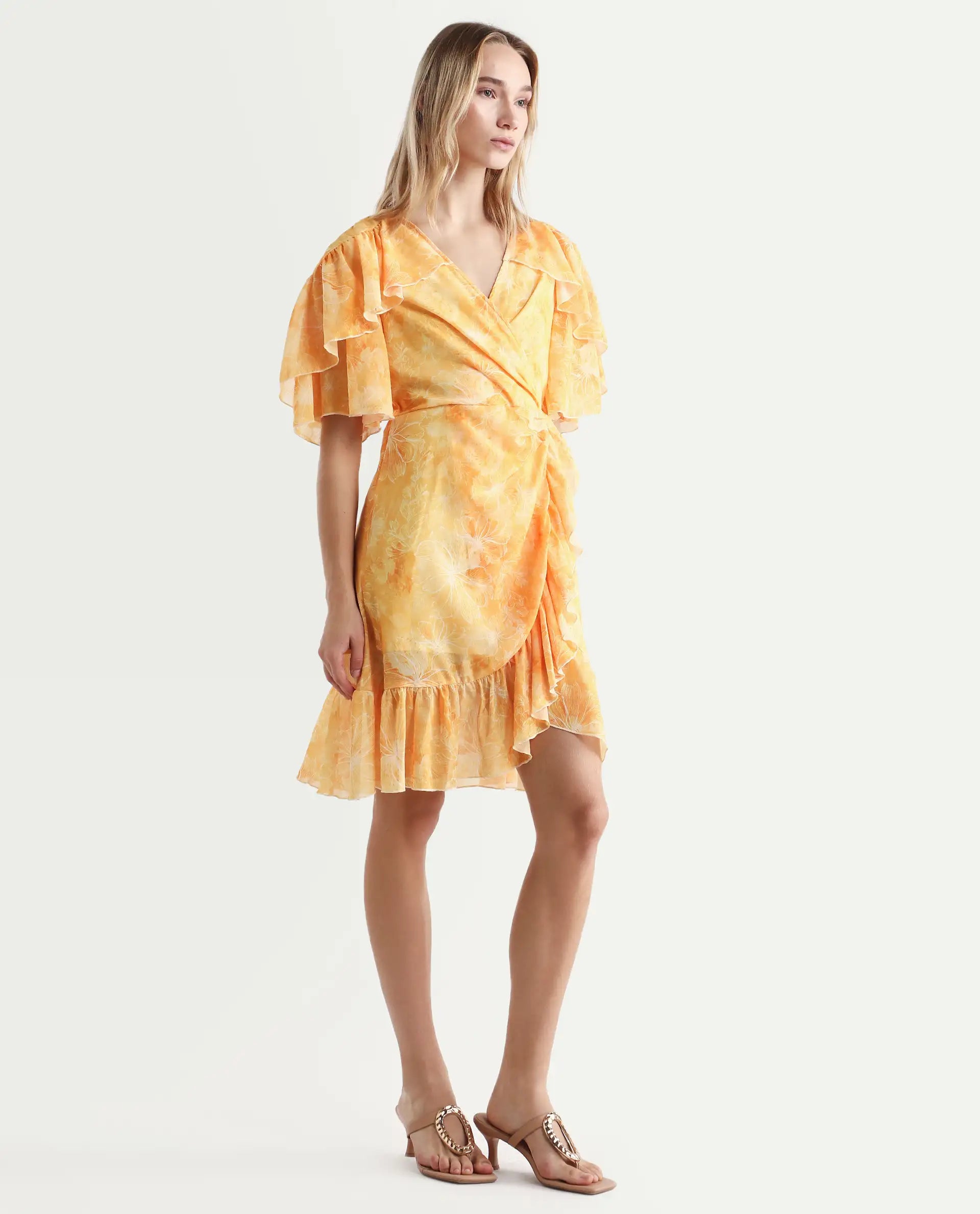 Rareism Women's Buckley Yellow Polyester Overlap Neck Floral Print Raglan Sleeve Knee Length Fit And Flare Dress